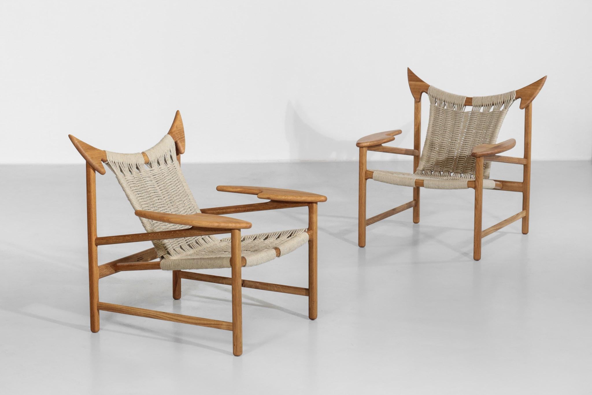 Pair of Danish easy chair de fauteuils. Modern manufacture by Godsk cabinetmaker. Structure in massive oak with hemp rope seat. All handcrafted, incredible manufacture.