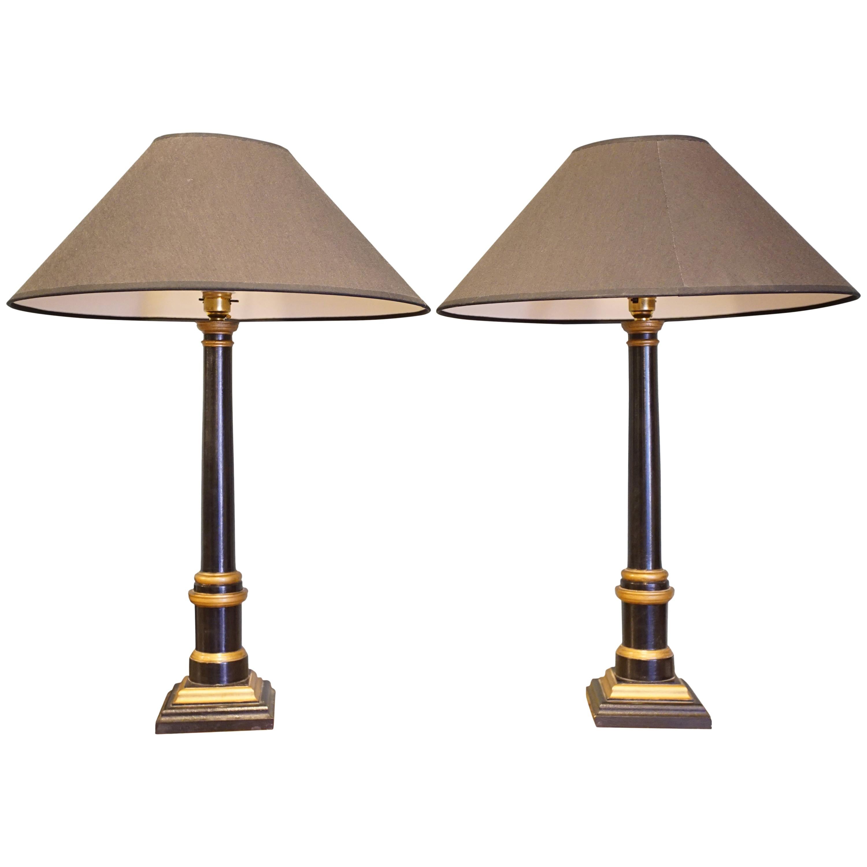 Pair of Modern Ebonised and Gilt Table Lamps For Sale