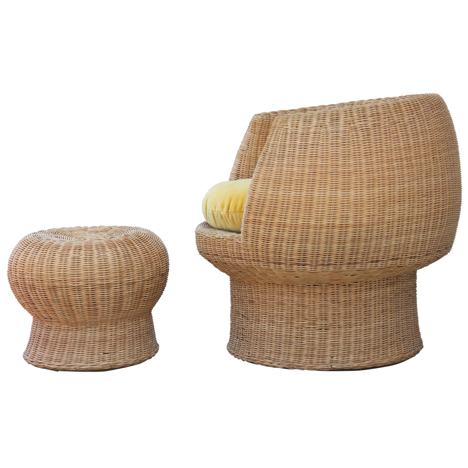 Pair of Mid-Century Modern rattan lounge chairs with matching ottomans freshly upholstered with gold velvet cushion. Attributed to Eero Aarnio.