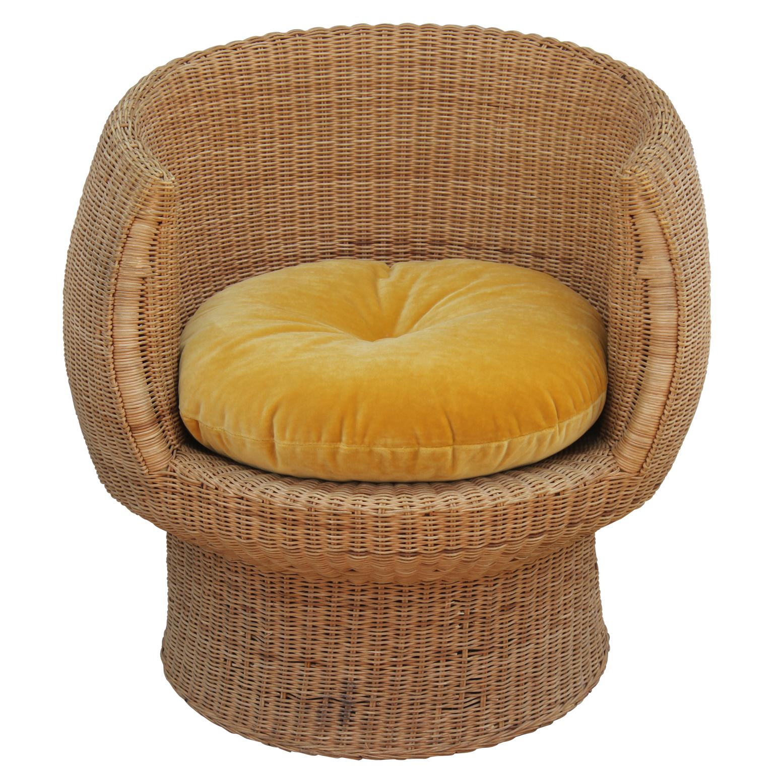Mid-Century Modern Pair of Modern Eero Aarnio Style Gold Velvet Rattan Lounge Chairs and Ottomans