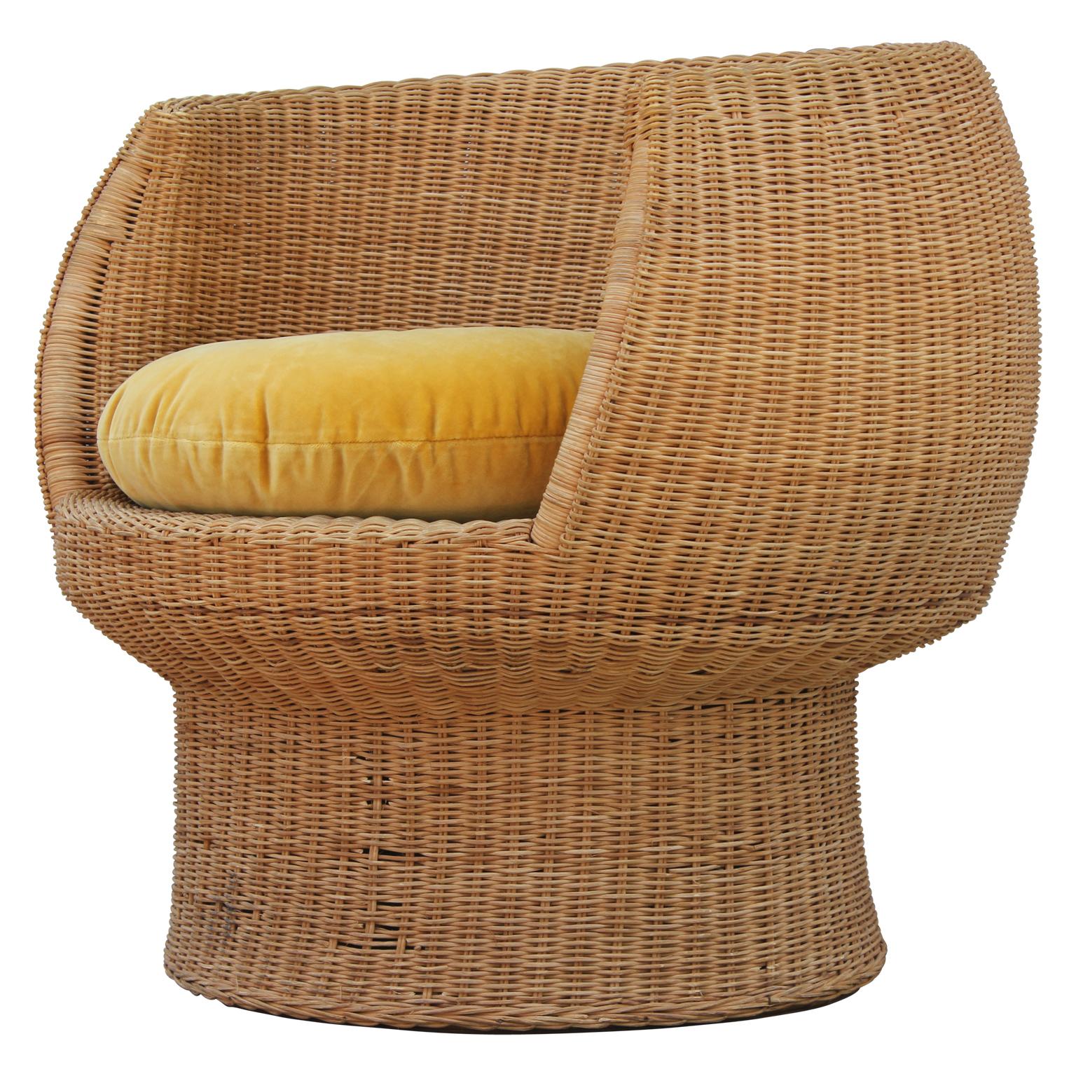 Mid-20th Century Pair of Modern Eero Aarnio Style Gold Velvet Rattan Lounge Chairs and Ottomans