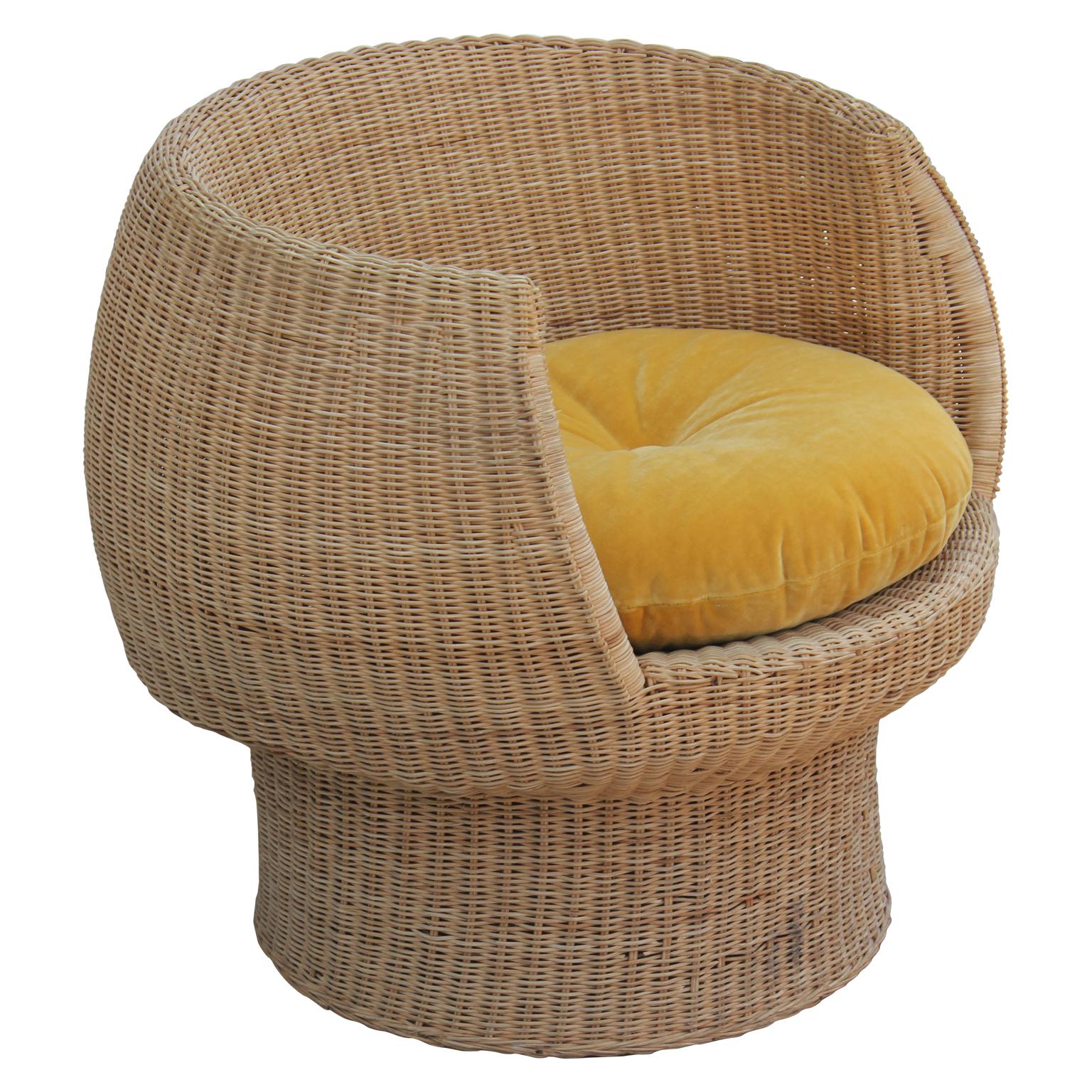 Pair of Modern Eero Aarnio Style Gold Velvet Rattan Lounge Chairs and Ottomans 1