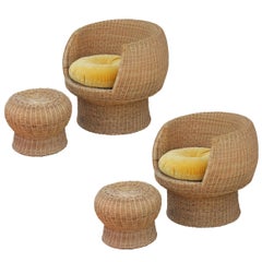 Pair of Modern Eero Aarnio Style Gold Velvet Rattan Lounge Chairs and Ottomans