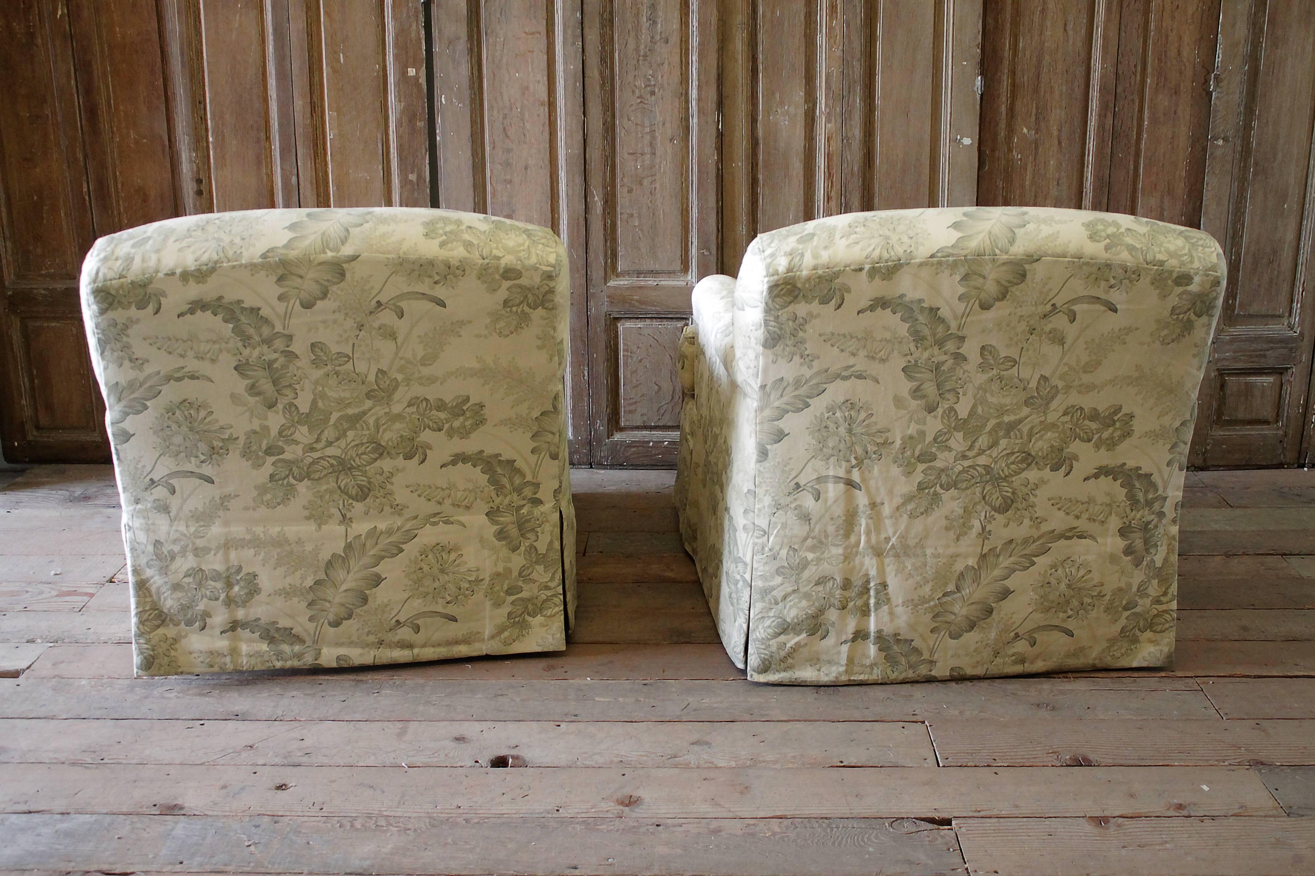 American Pair of Modern English Roll Arm Swivel Chairs in French Toile Linen Upholstery