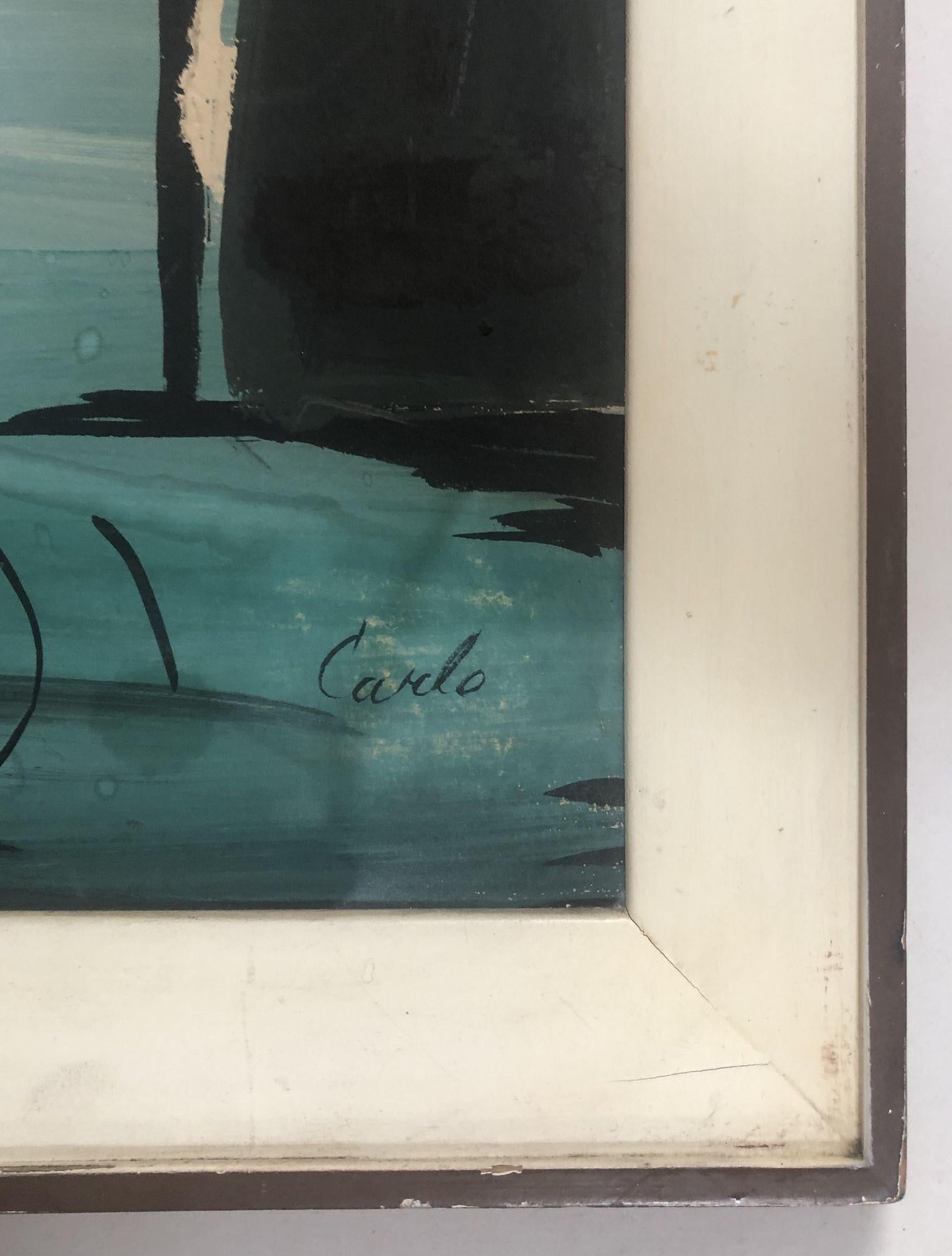 Paire de paysages abstraits à l'acrylique expressionniste moderniste sur toile avec la silhouette d'une personne debout dans une mer faite de bâtiments aux formes géométriques, signés 