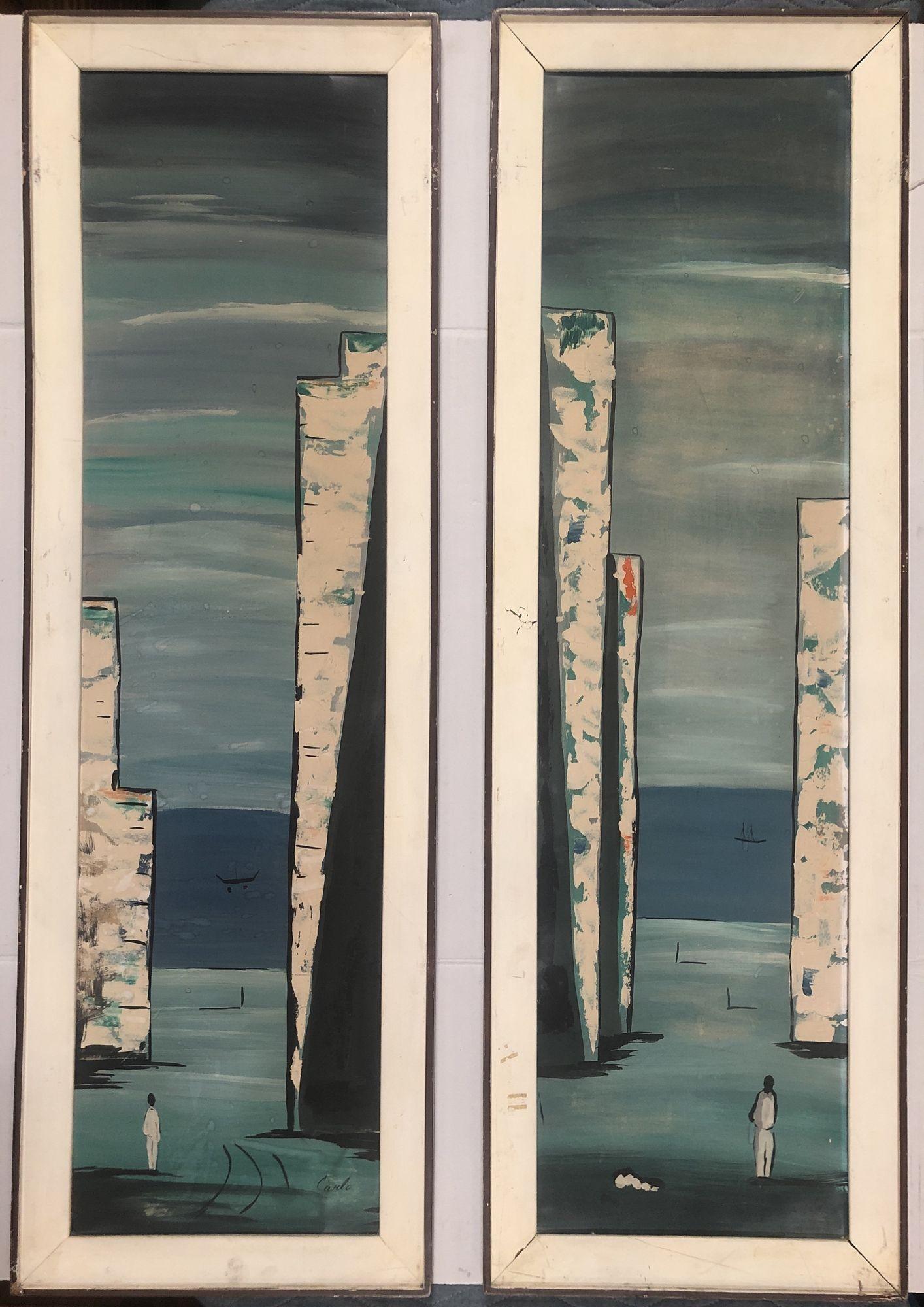 Mid-20th Century Abstract Landscape Acrylic on Canvas by Carlo of Hollywood, Pair For Sale