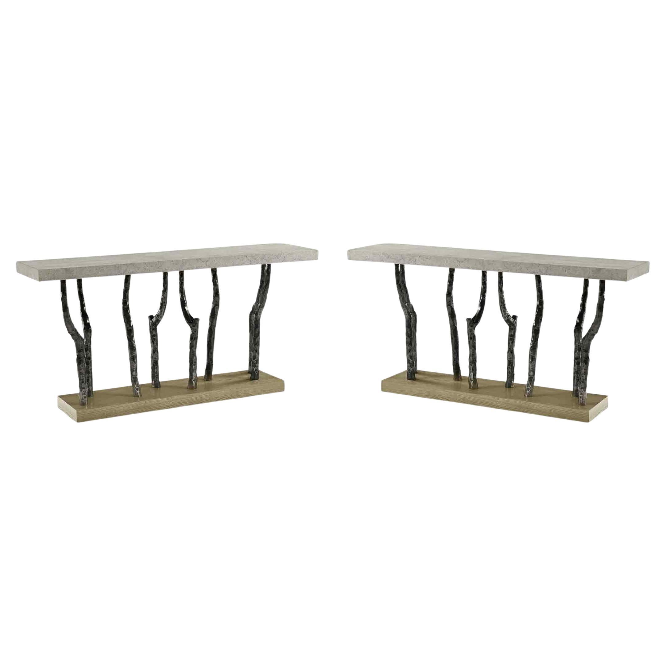 Pair of Modern Faux Bois Console Tables- Light