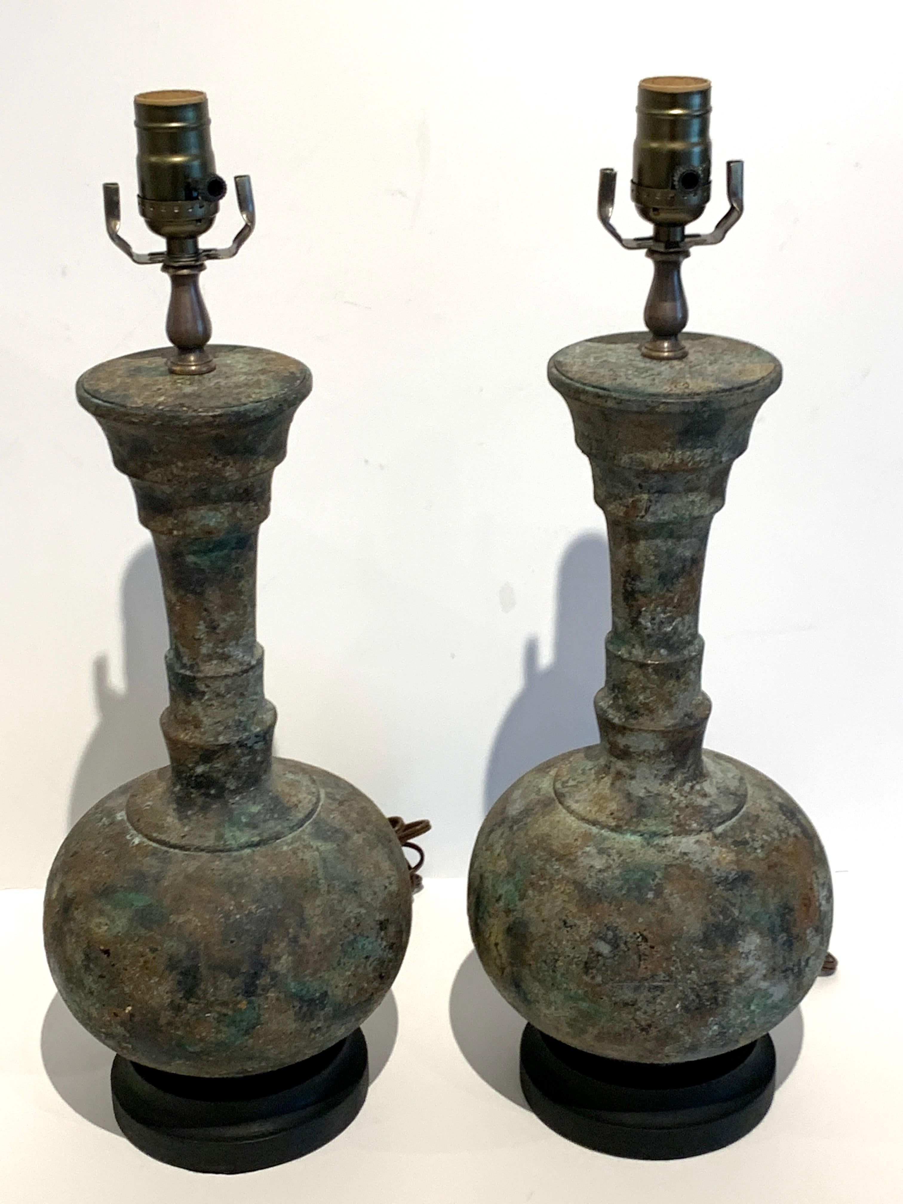 Pair of modern French acid washed bronze lamps, each one standing 21