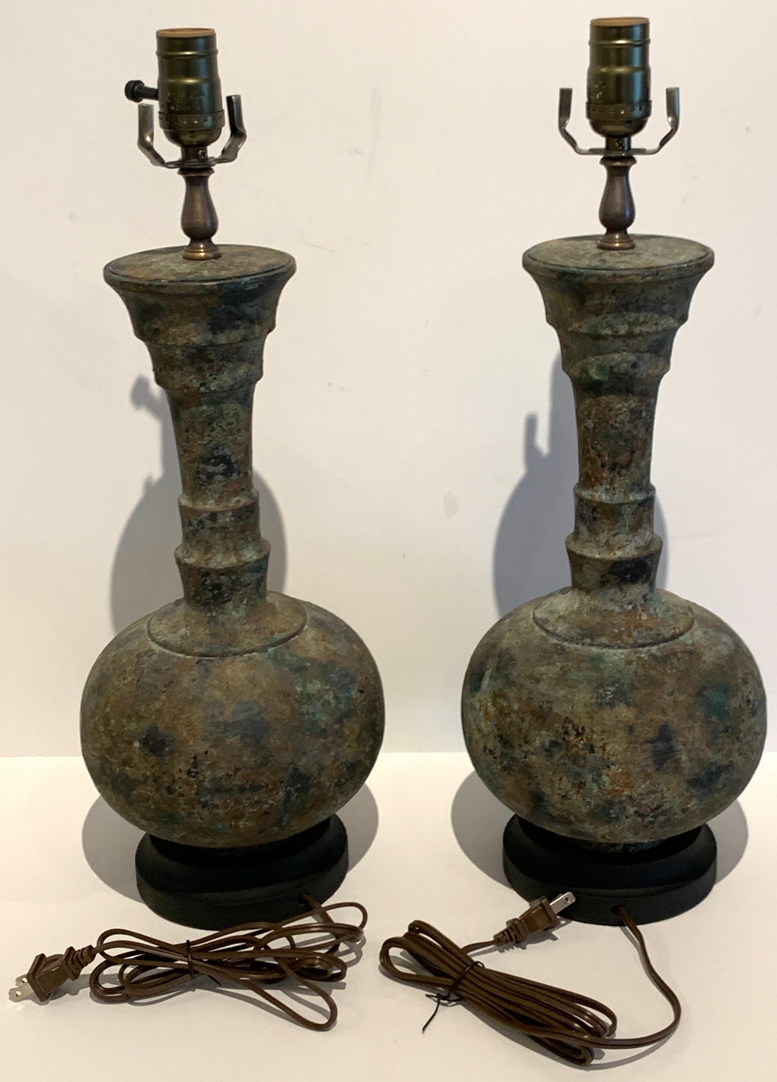 Polychromed Pair of Modern French Acid Washed Bronze Lamps