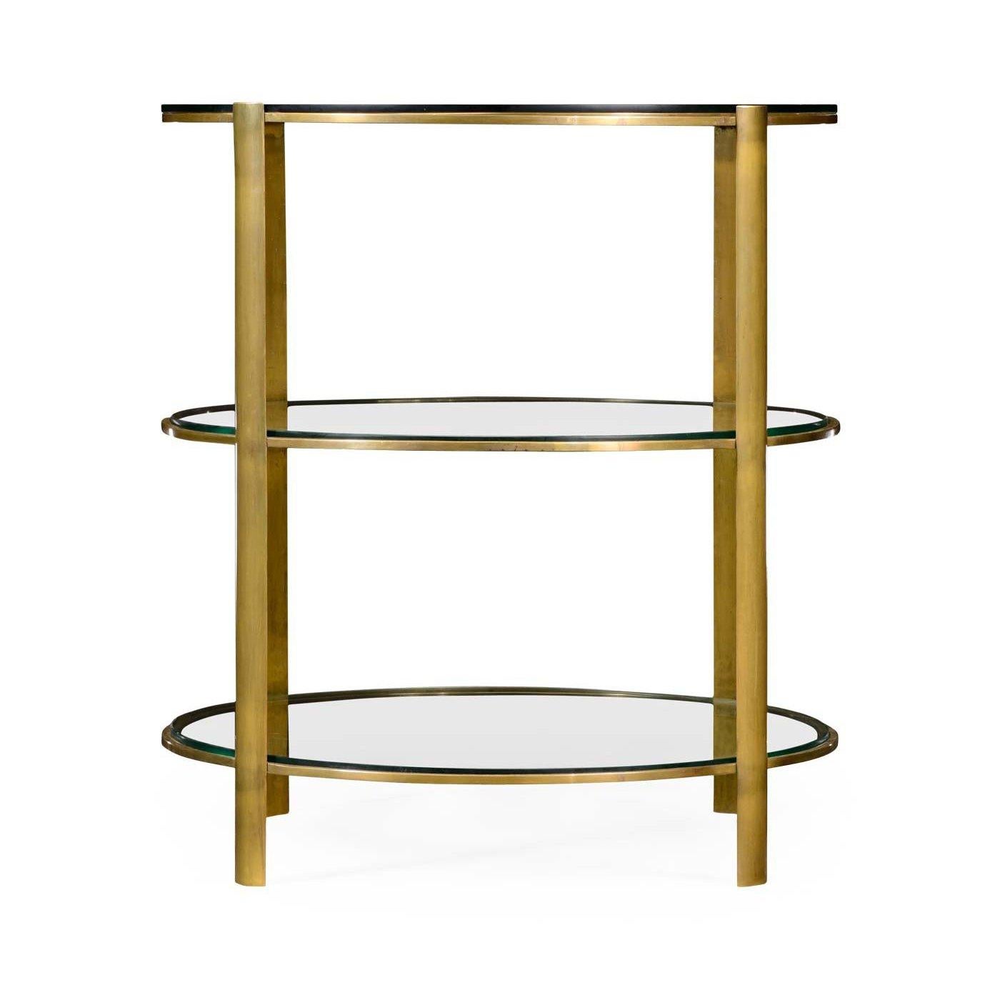 Modern French brass and glass three-tier round side tables with gently curved legs.

Dimensions: 24
