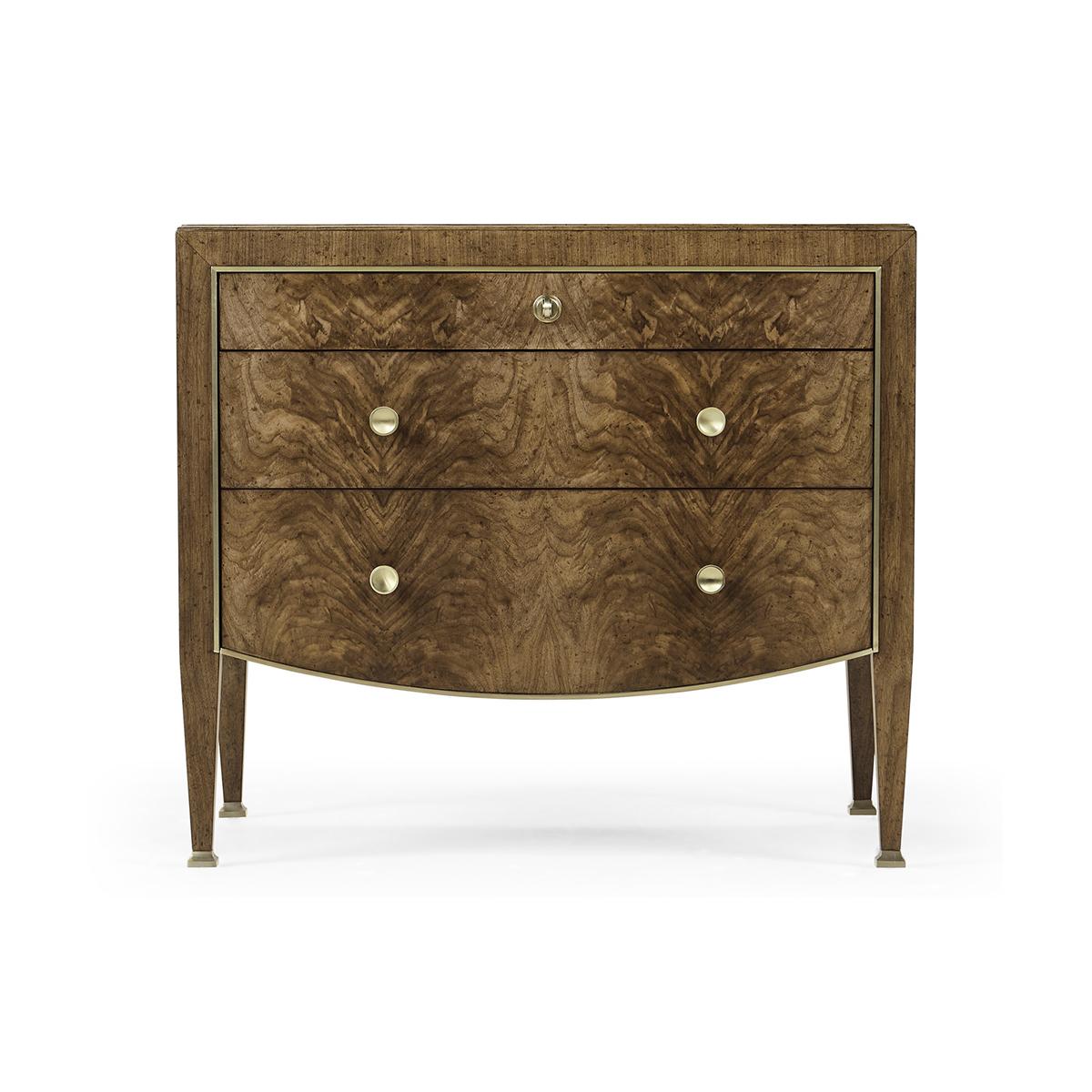 Modern French Walnut Nightstands with a transparent, low-luster finish. The drawer fronts feature figured walnut in a traditional book match pattern. The hardware is cast and finished in a light, champagne patina. Raised on square tapered legs and