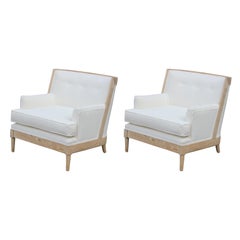 Pair of Modern French White Velvet Light Wood Tomlinson Lounge Chairs
