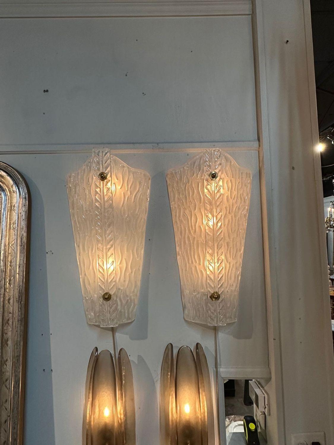 Very nice pair of frosted Murano glass sconces. Very upscale for an elegant touch!