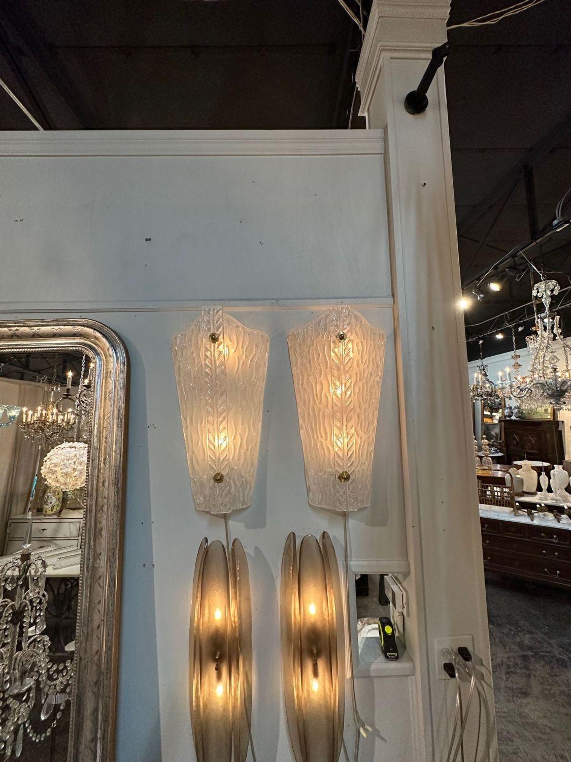 Italian Pair of Modern Frosted Murano Glass Sconces For Sale