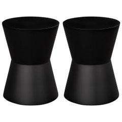 Pair of Modern Geometric Shaped Solid Wood Accent Tables in Black Lacquer