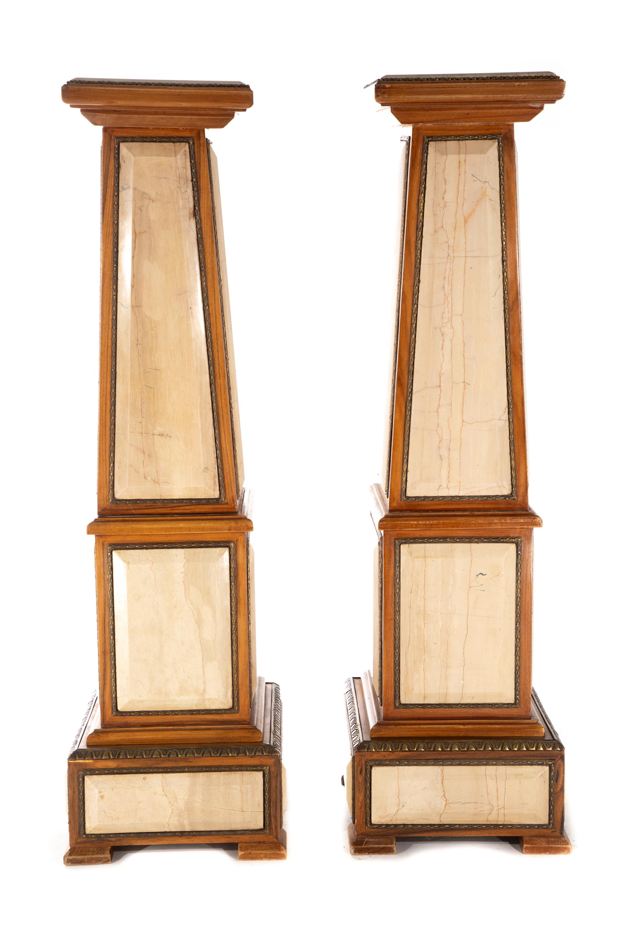 French Pair of Modern Gilt-Mounted Walnut and Travertine Pedestals For Sale