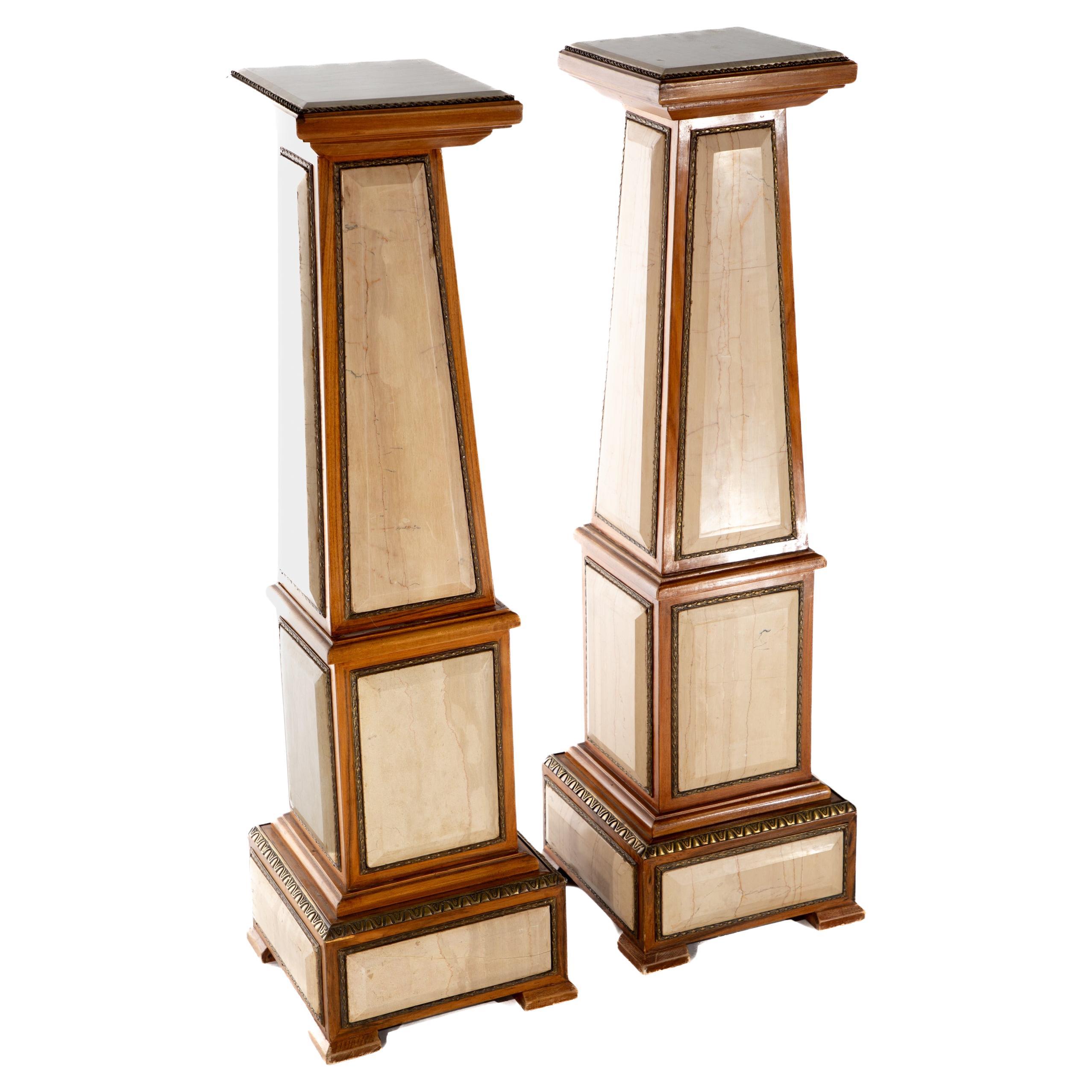 Pair of Modern Gilt-Mounted Walnut and Travertine Pedestals For Sale