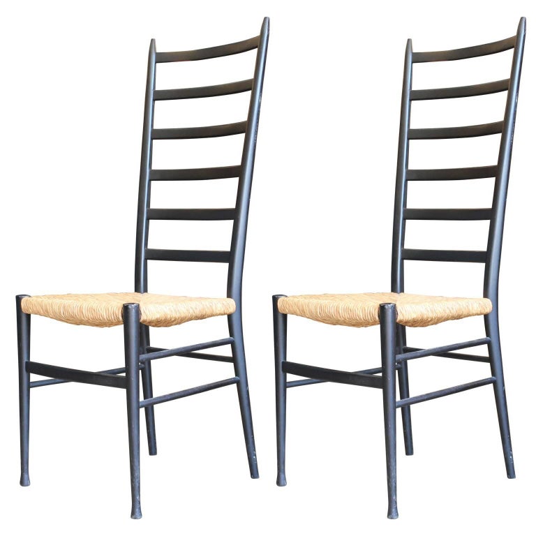 Pair of Modern Gio Ponti Style Black Ladder Back Woven Cord Dining Chairs at 1stDibs