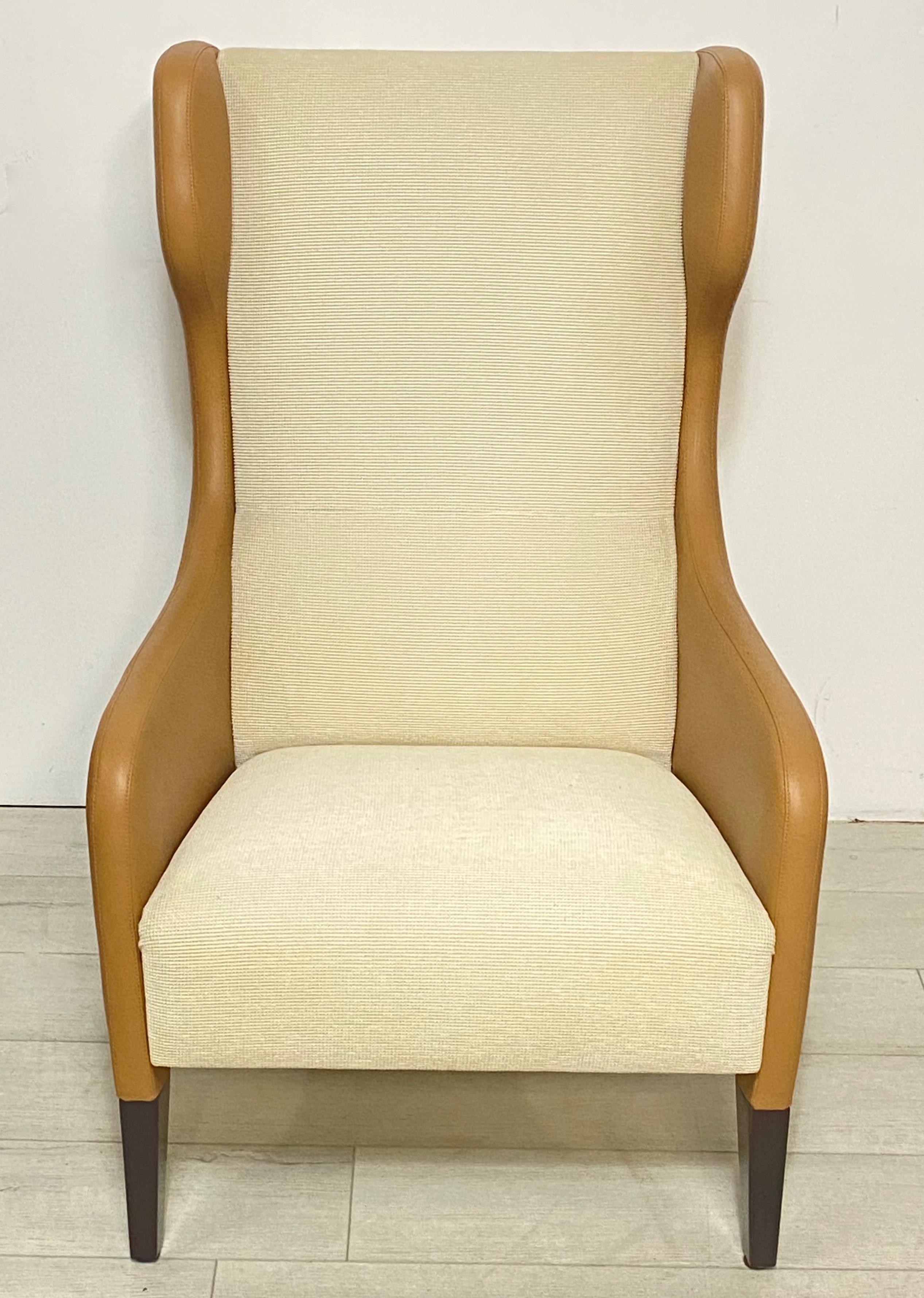 Pair of Modern Gio Ponti Style Leather and Upholstery Wingback Chairs In Good Condition For Sale In San Francisco, CA