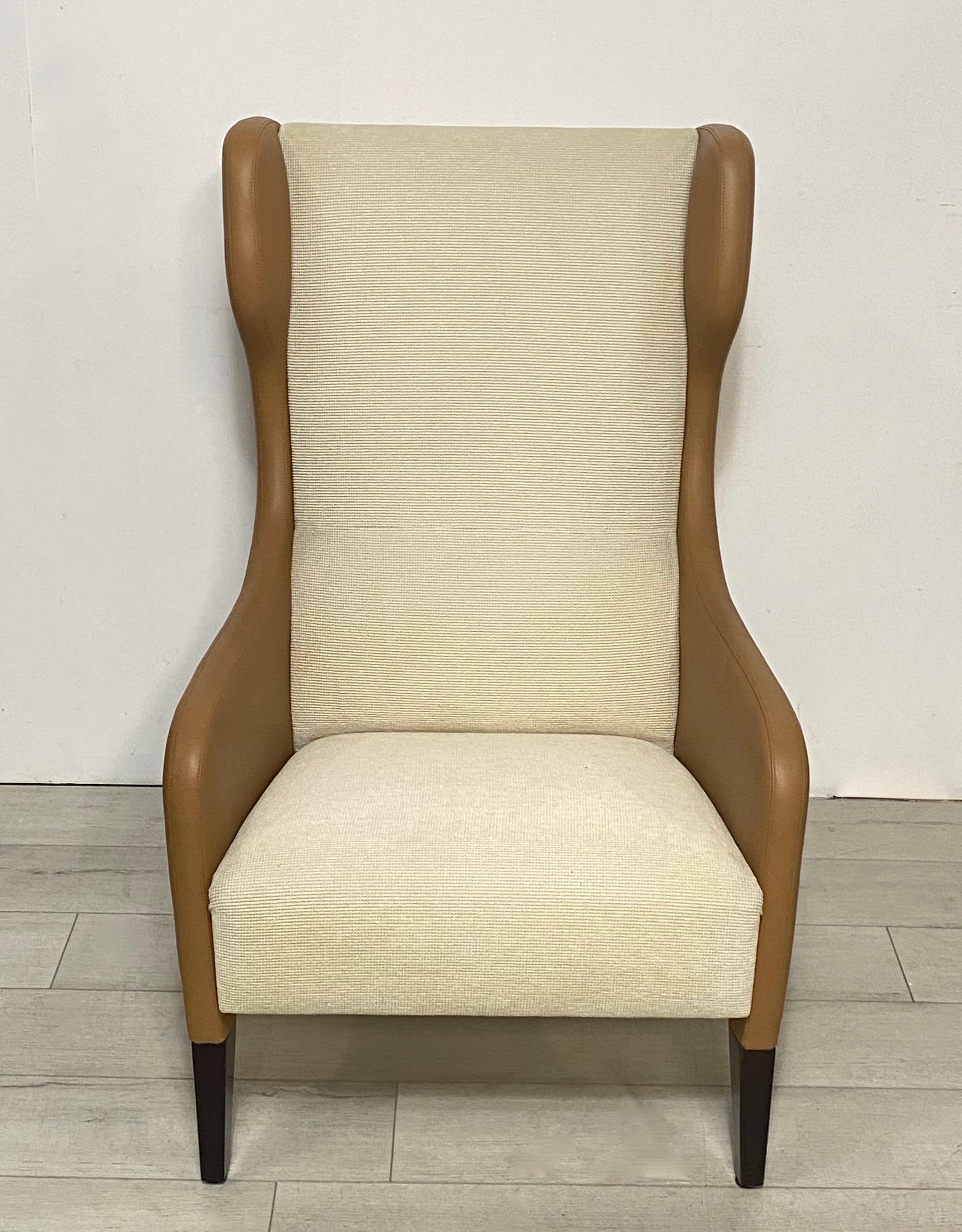 Pair of Modern Gio Ponti Style Leather and Upholstery Wingback Chairs For Sale 4
