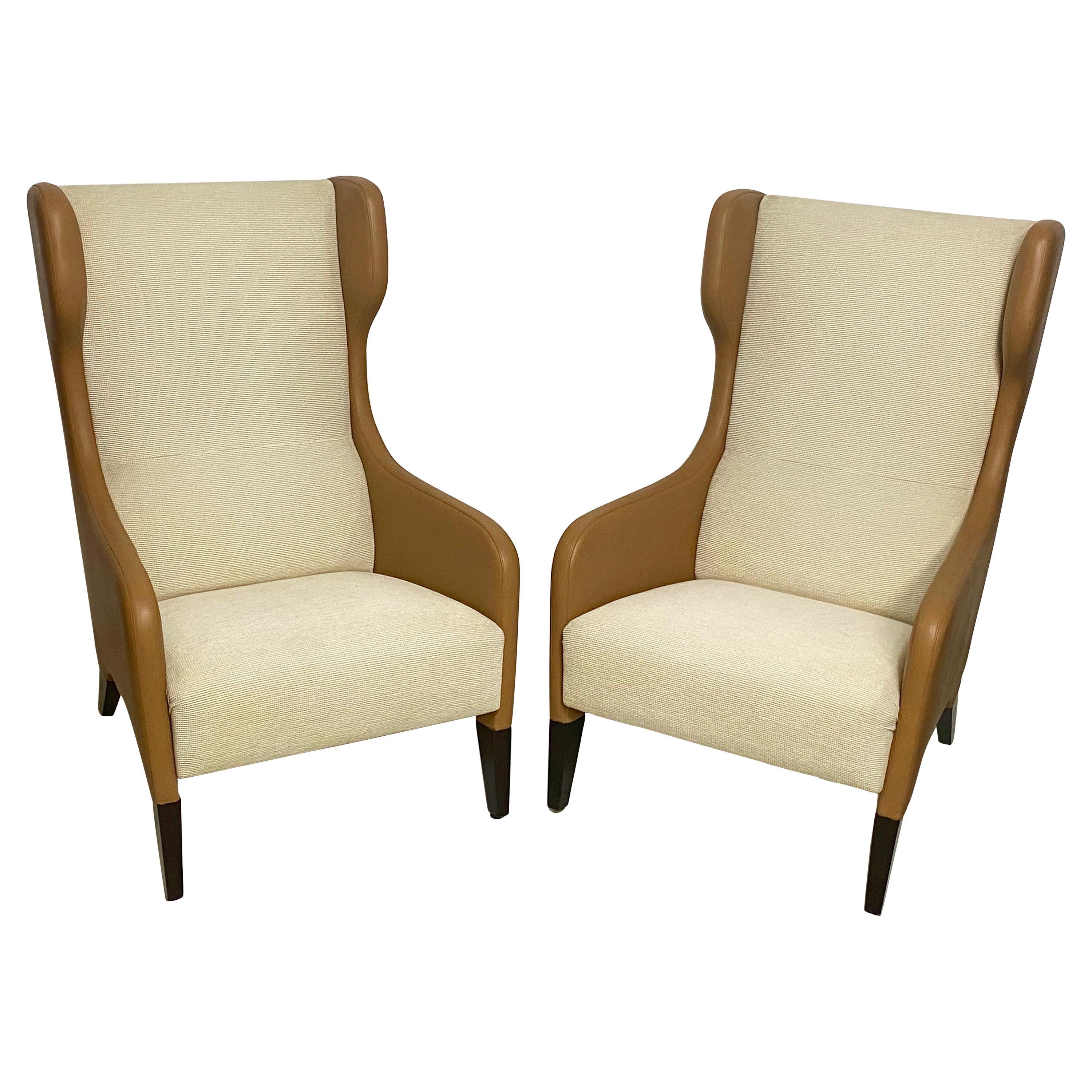 Pair of Modern Gio Ponti Style Leather and Upholstery Wingback Chairs For Sale