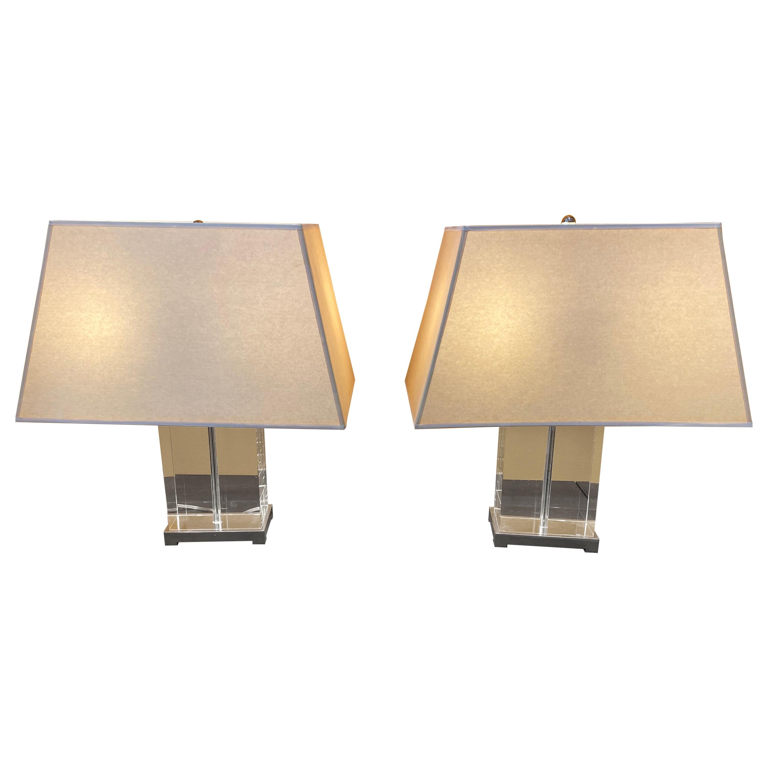 Pair of Modern Glass Cube Lamps with Plated Silver Accents