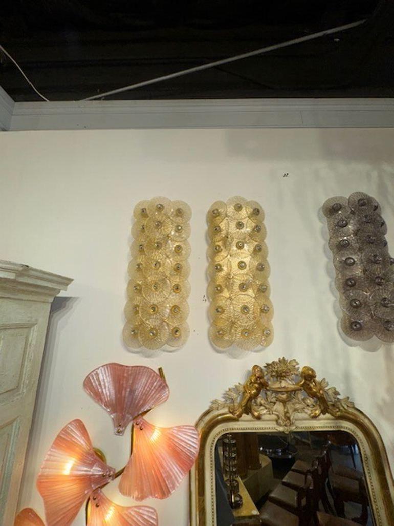 Italian Pair of Modern Gold Disc Mazzega Manner Sconces For Sale