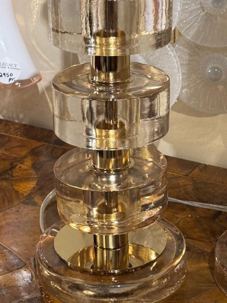 Italian Pair of Modern Gold Murano Glass and Brass Disc Lamps For Sale