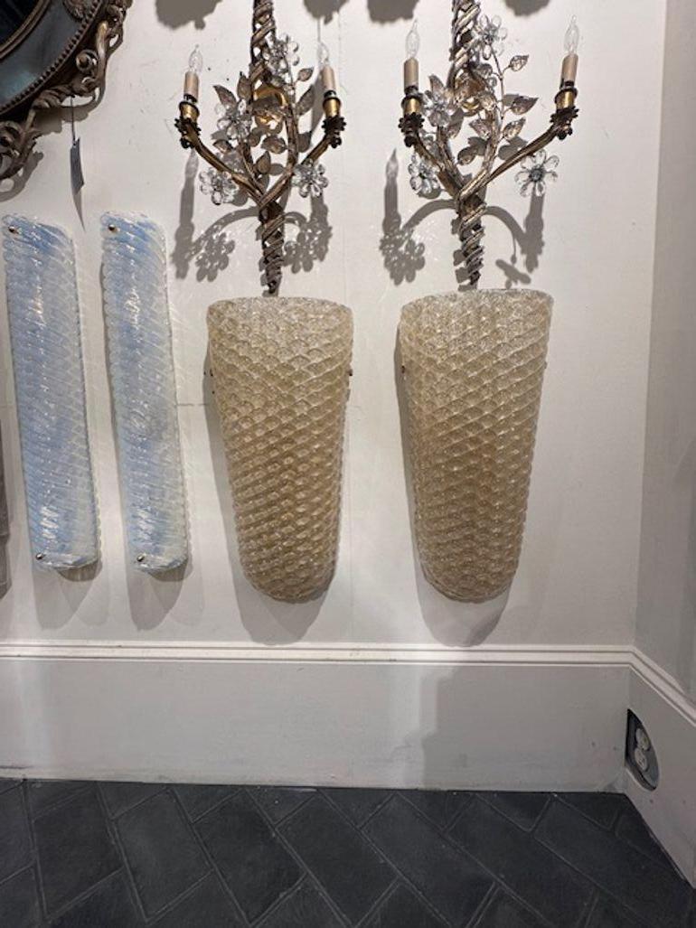 Lovely pair of Gold Murano glass sconces with ribbed glass. Creates a designer look! So pretty!