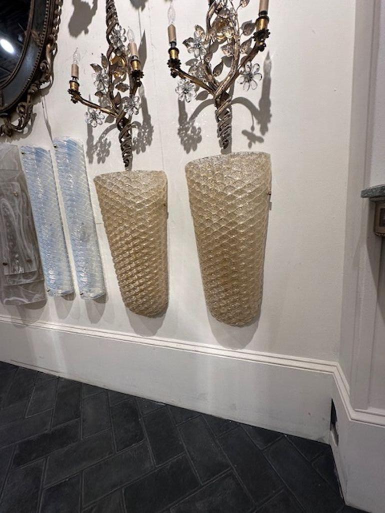 Italian Pair of Modern Gold Ribbed Murano Glass Sconces For Sale