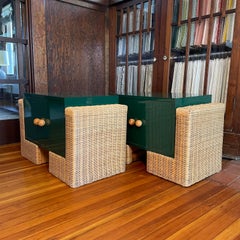 Pair of Modern Green Laminate and Rattan Bedside Tables with Storage