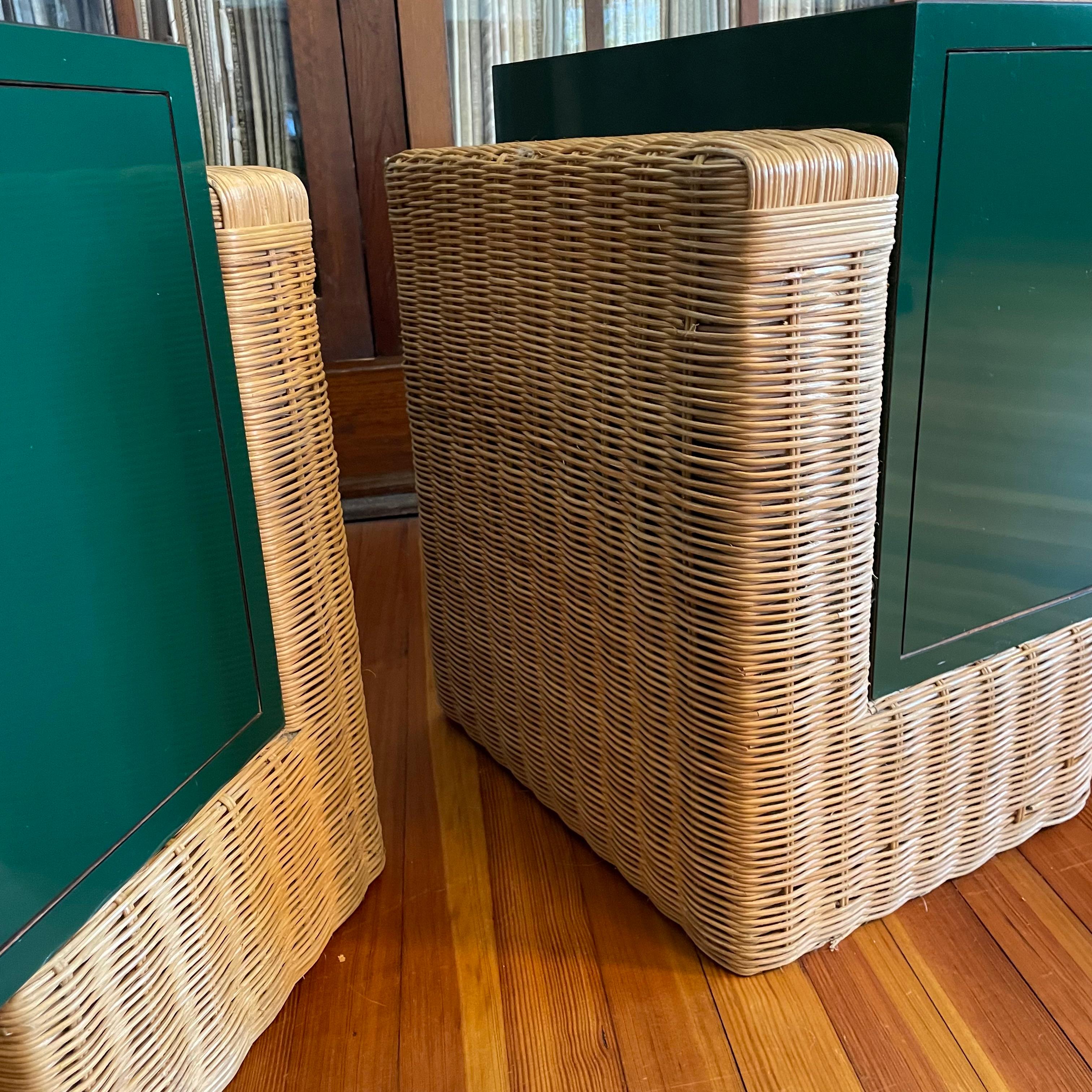 Pair of Modern Green Laminate and Rattan Bedside Tables with Storage In Good Condition In Austin, TX