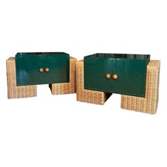 Pair of Modern Green Laminate and Rattan Bedside Tables with Storage