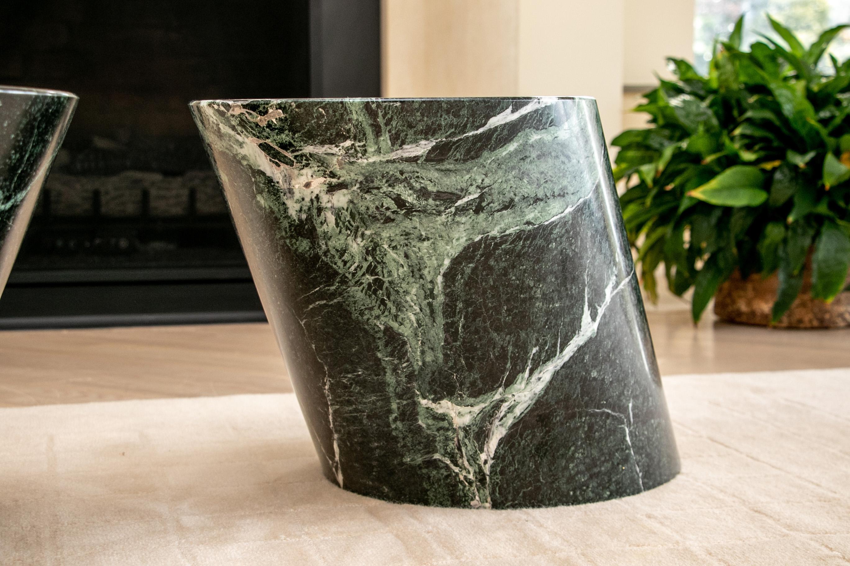 Mid-Century Modern Pair of Modern Green Marble Cylinder End Tables