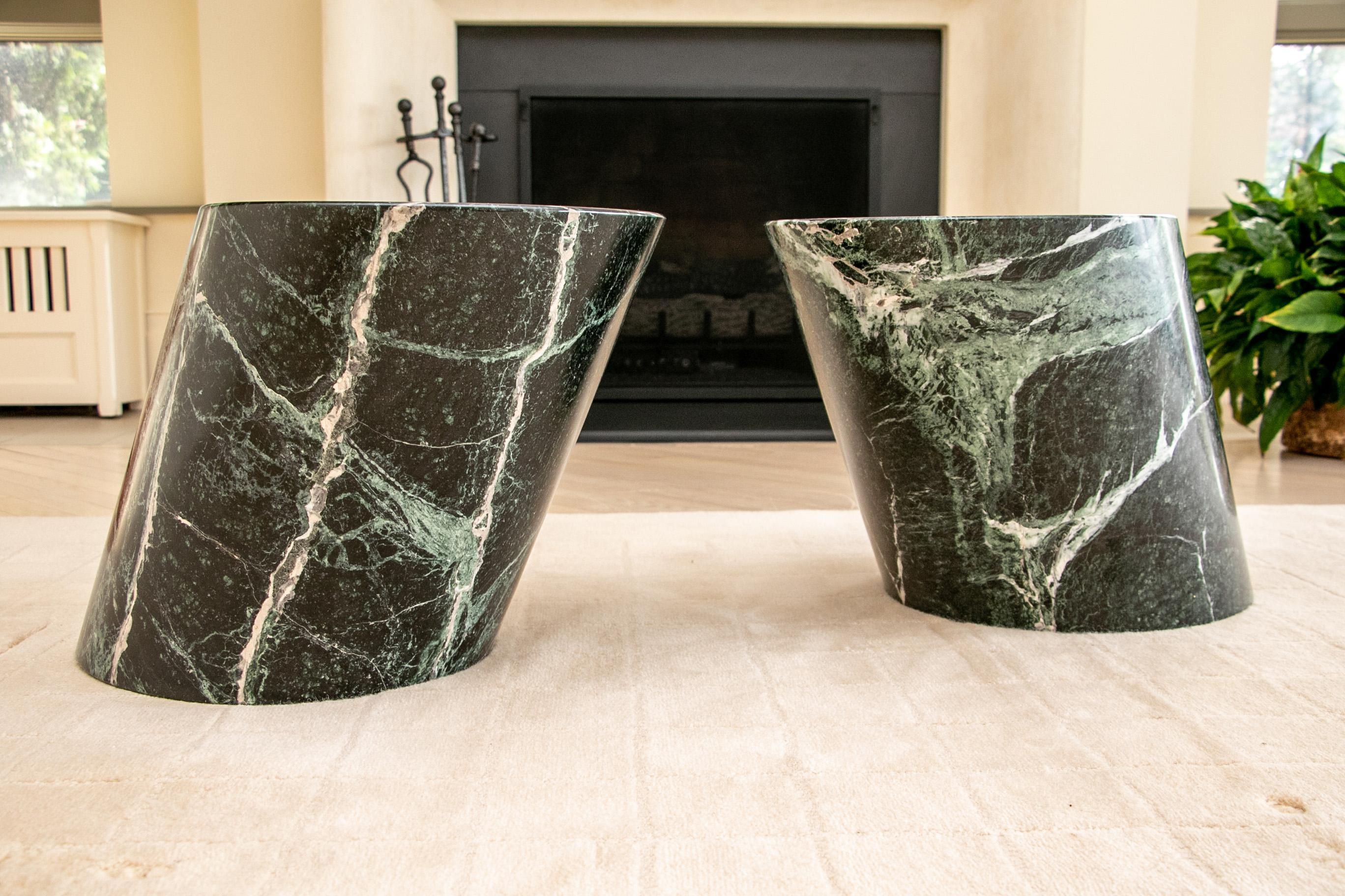 20th Century Pair of Modern Green Marble Cylinder End Tables