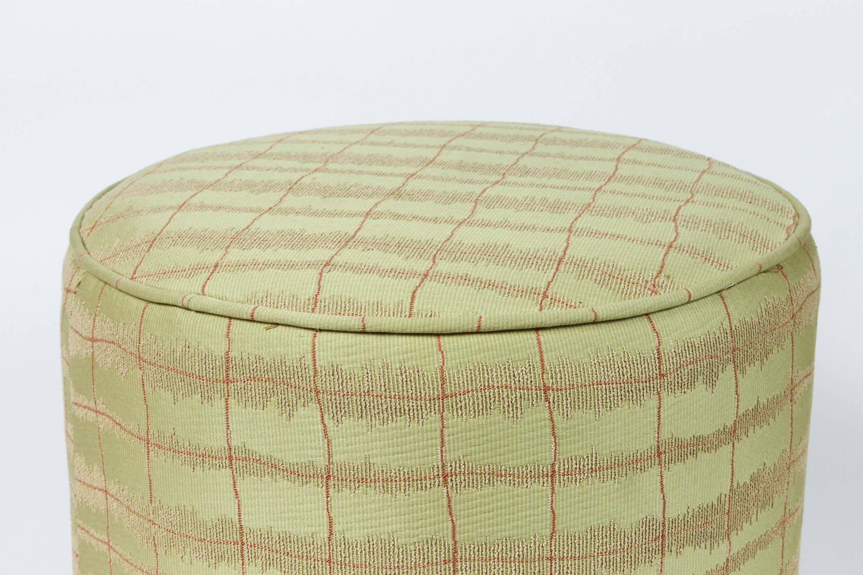 Art Deco Style stool in lime green and gold Moroccan style stool, vanity stool.
Modern contemporary round Moroccan Art Deco style upholstered stools in green fabric upholstery in 1970s style.
Moroccan little pouf hassock, upholstered footstool or
