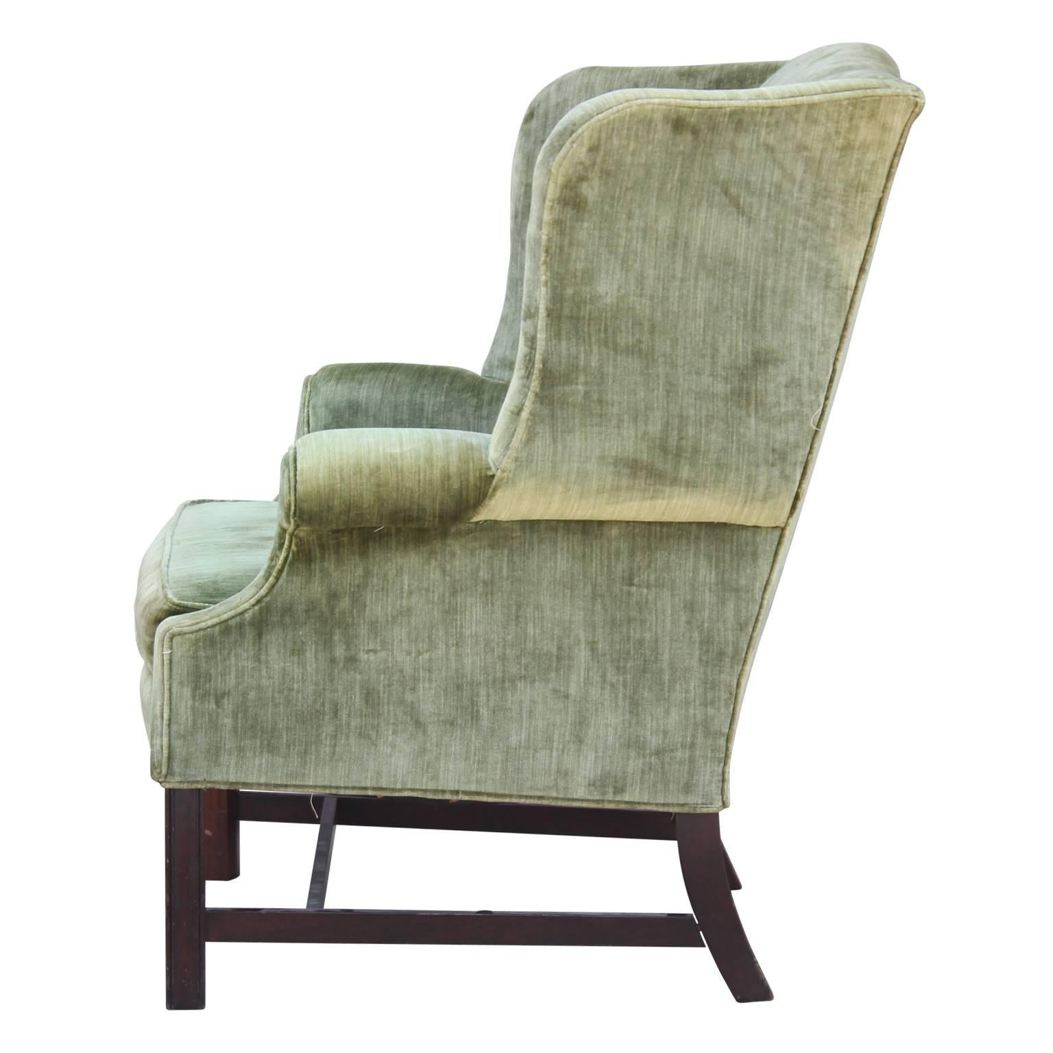 Pair of Modern Green Velvet Mahogany Wingback Lounge Chairs In Good Condition In Houston, TX