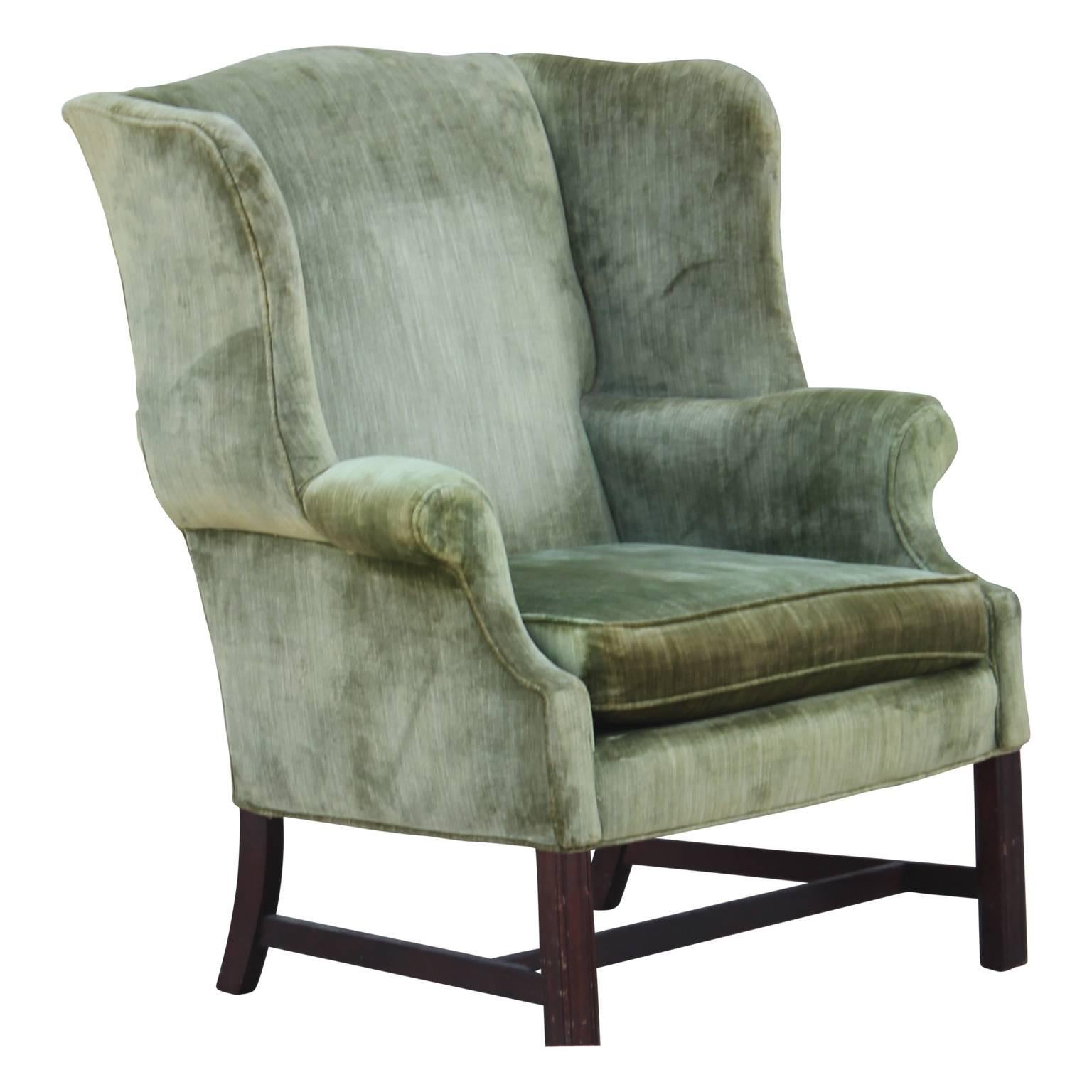 Pair of Modern Green Velvet Mahogany Wingback Lounge Chairs 1