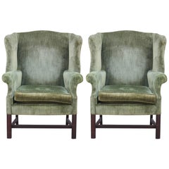 Pair of Modern Green Velvet Mahogany Wingback Lounge Chairs