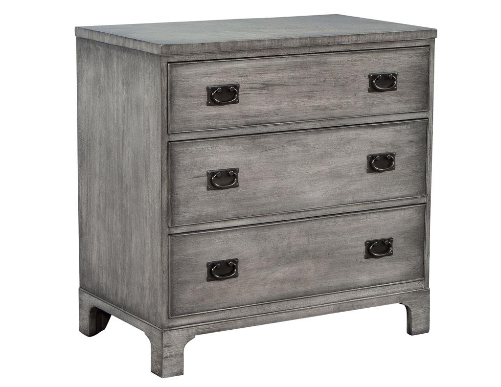 Original pair of modern grey distressed chests by Kittinger. Excellent quality vintage chests restored in a custom grey finish with new matte black pull handles.