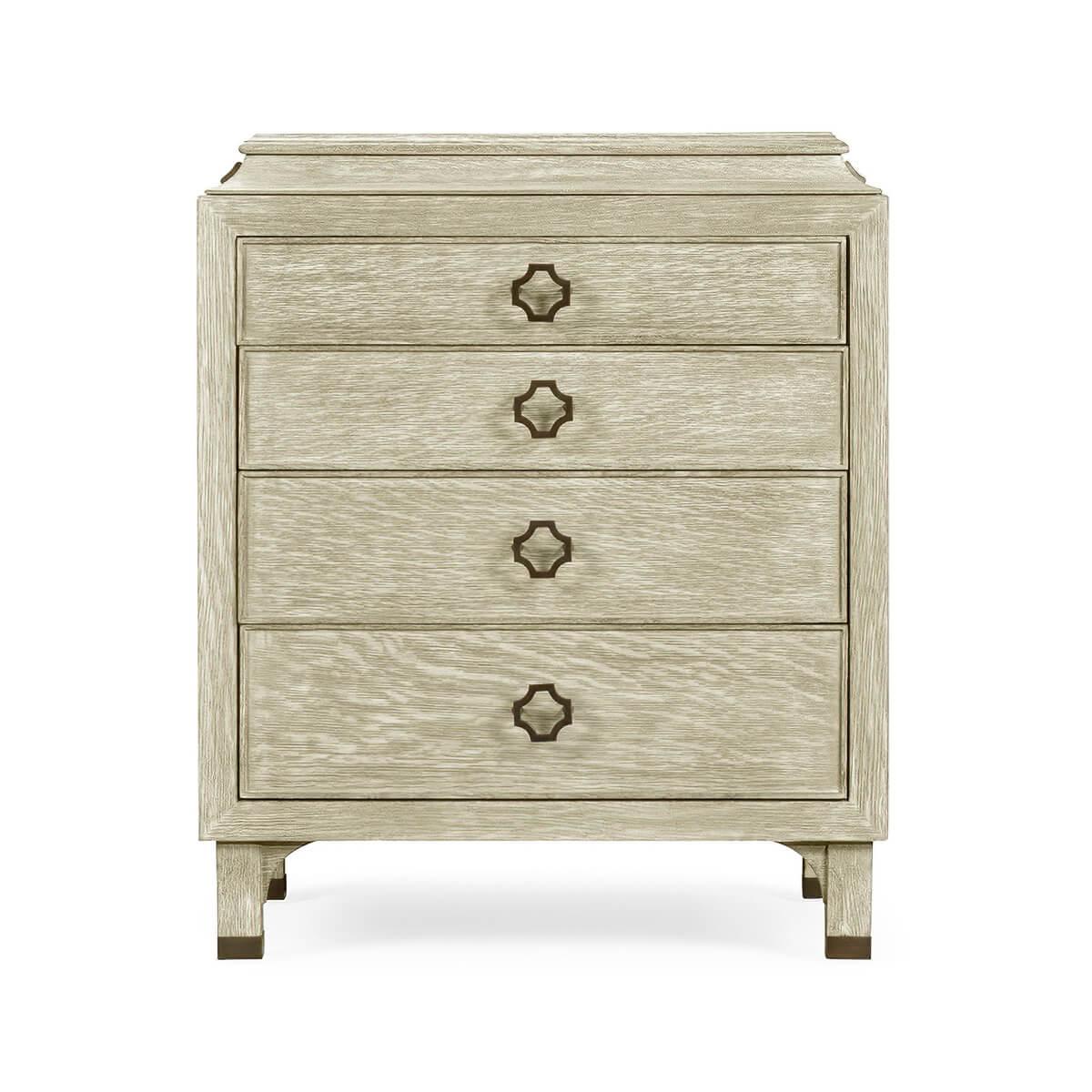 Modern greyed oak nightstands, featuring a small hidden top drawer, with stainless steel handles and caps on the feet. 

Dimensions: 24