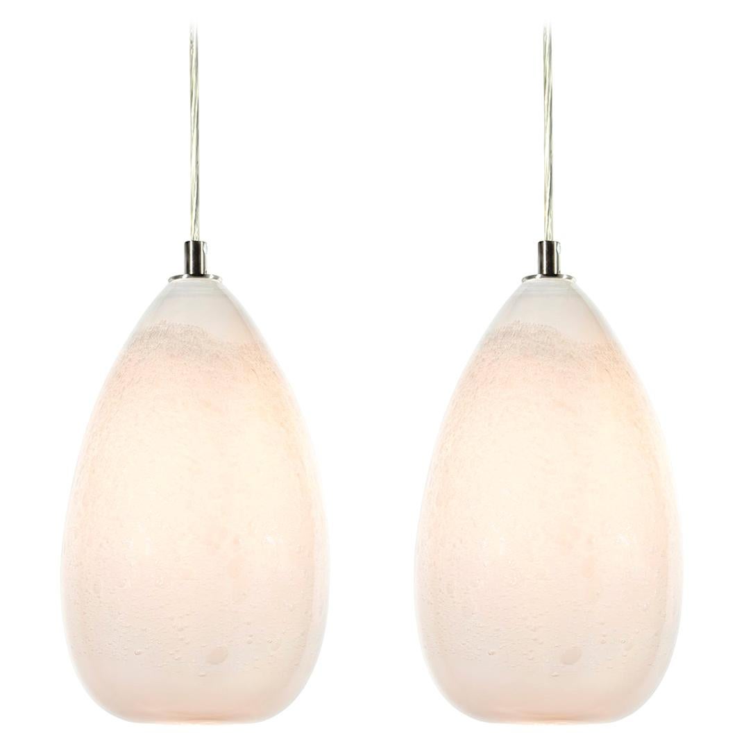 Pair of Modern Hand Blown Glass Lights, Alabaster Cone Pendants - Available Now