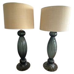Pair of Modern hand blown  Murano blue green glass  table lamps