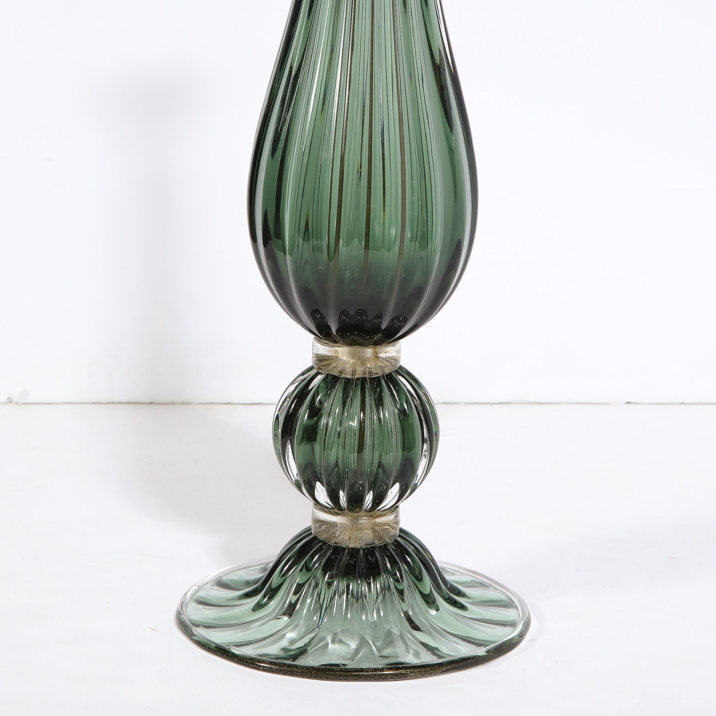 Pair of Modern Hand Blown Murano Green Glass Table Lamps w/ 24 Karat Gold Flecks For Sale 4