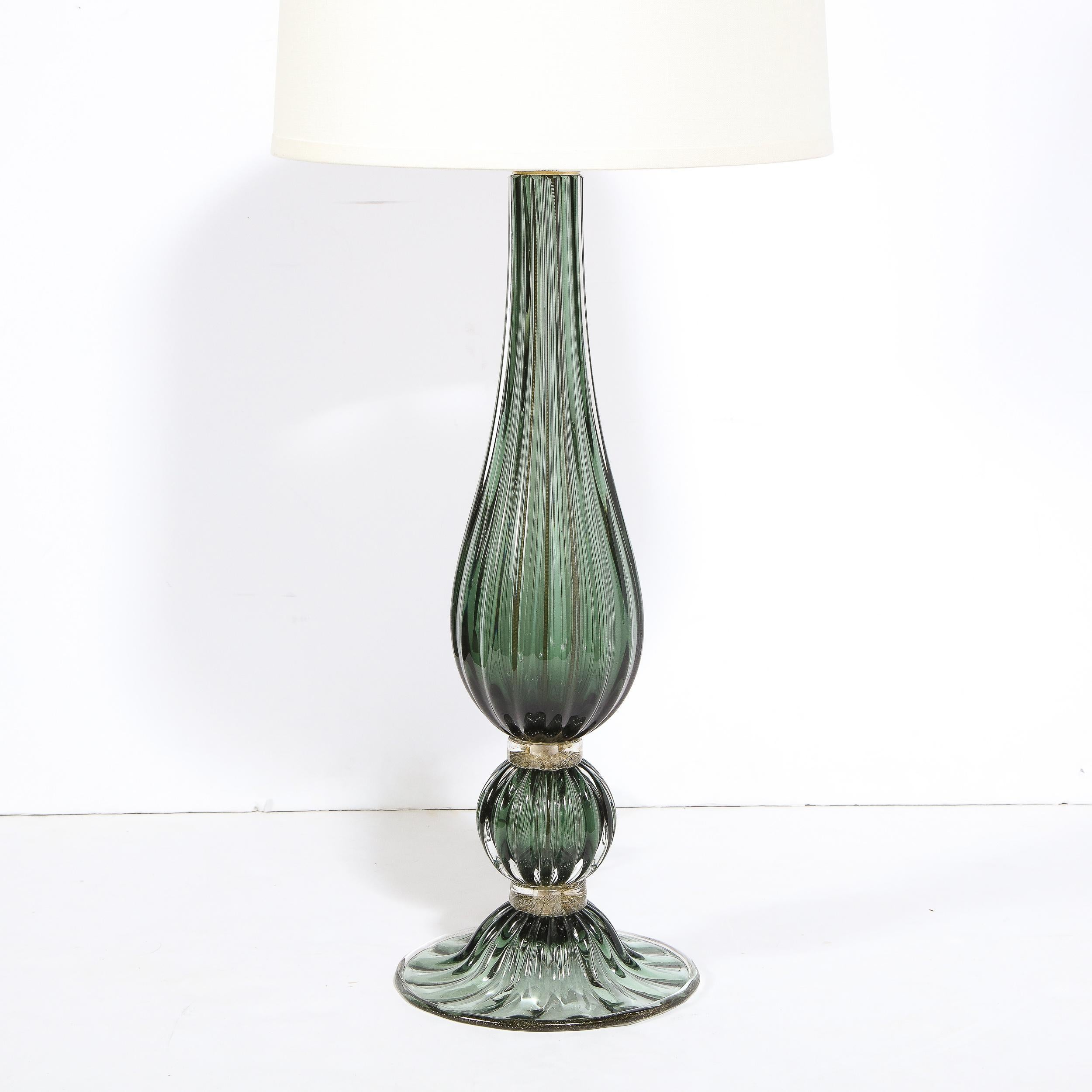 Italian Pair of Modern Hand Blown Murano Green Glass Table Lamps w/ 24 Karat Gold Flecks For Sale