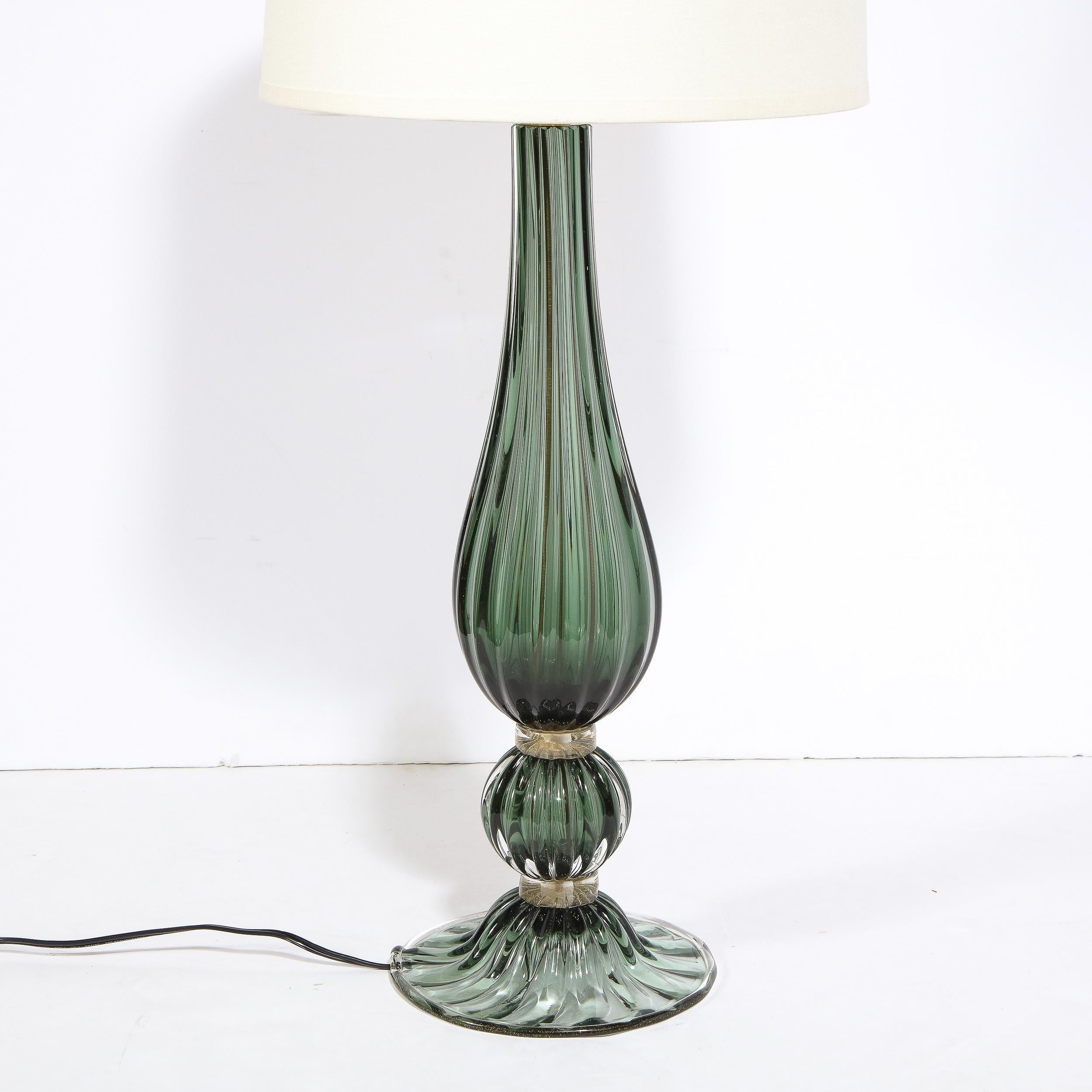 Murano Glass Pair of Modern Hand Blown Murano Green Glass Table Lamps w/ 24 Karat Gold Flecks For Sale