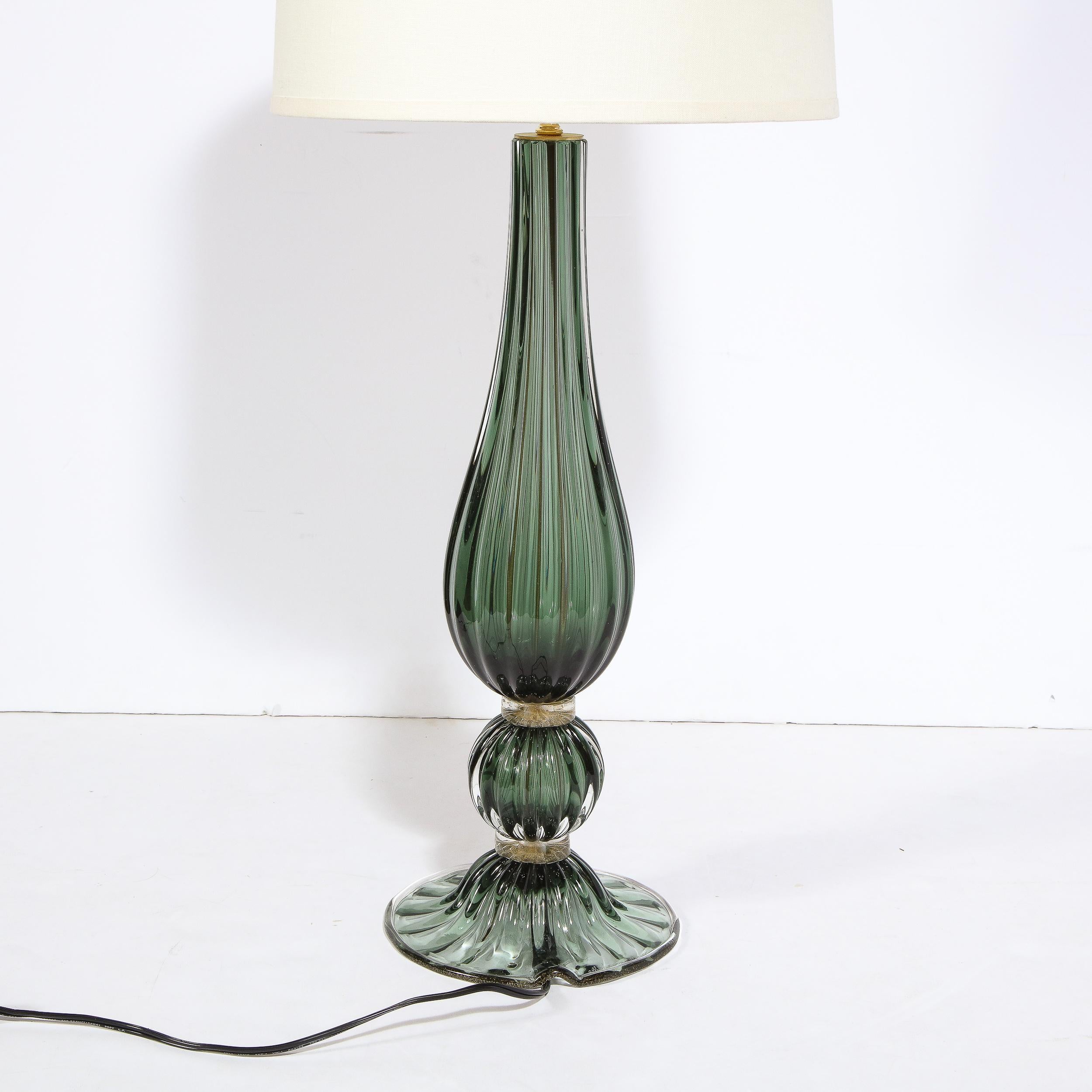 Pair of Modern Hand Blown Murano Green Glass Table Lamps w/ 24 Karat Gold Flecks For Sale 1