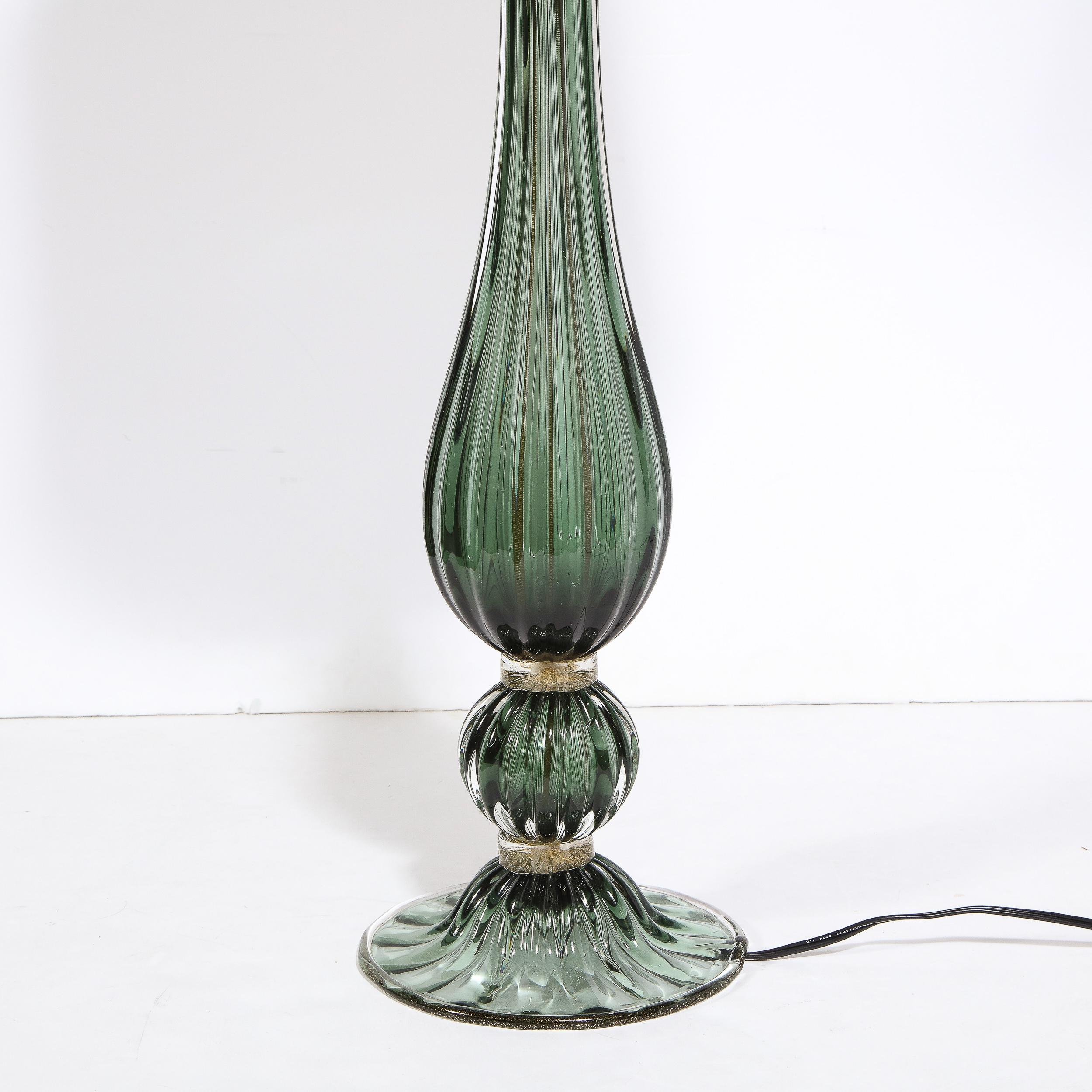 Pair of Modern Hand Blown Murano Green Glass Table Lamps w/ 24 Karat Gold Flecks For Sale 2