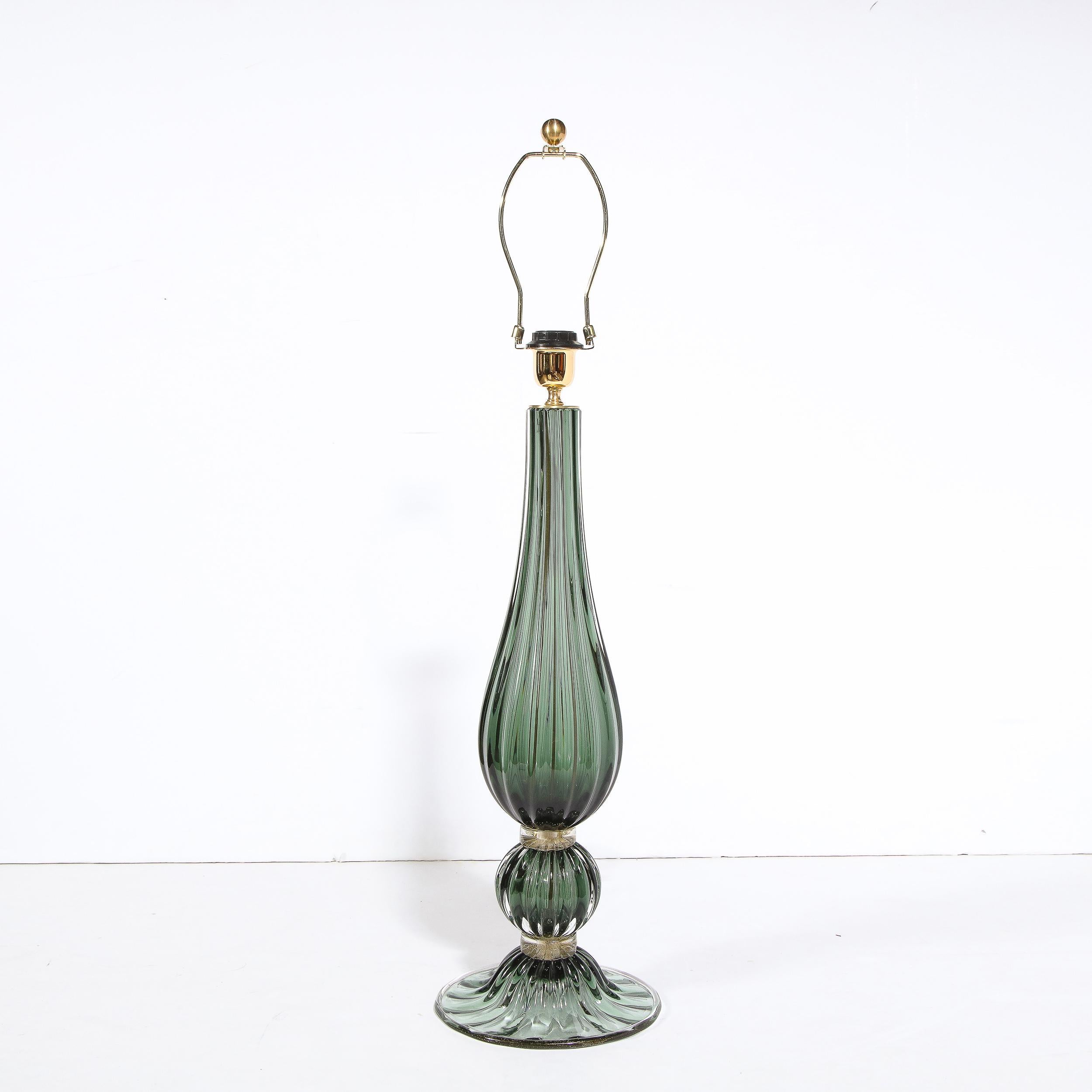 Pair of Modern Hand Blown Murano Green Glass Table Lamps w/ 24 Karat Gold Flecks For Sale 3