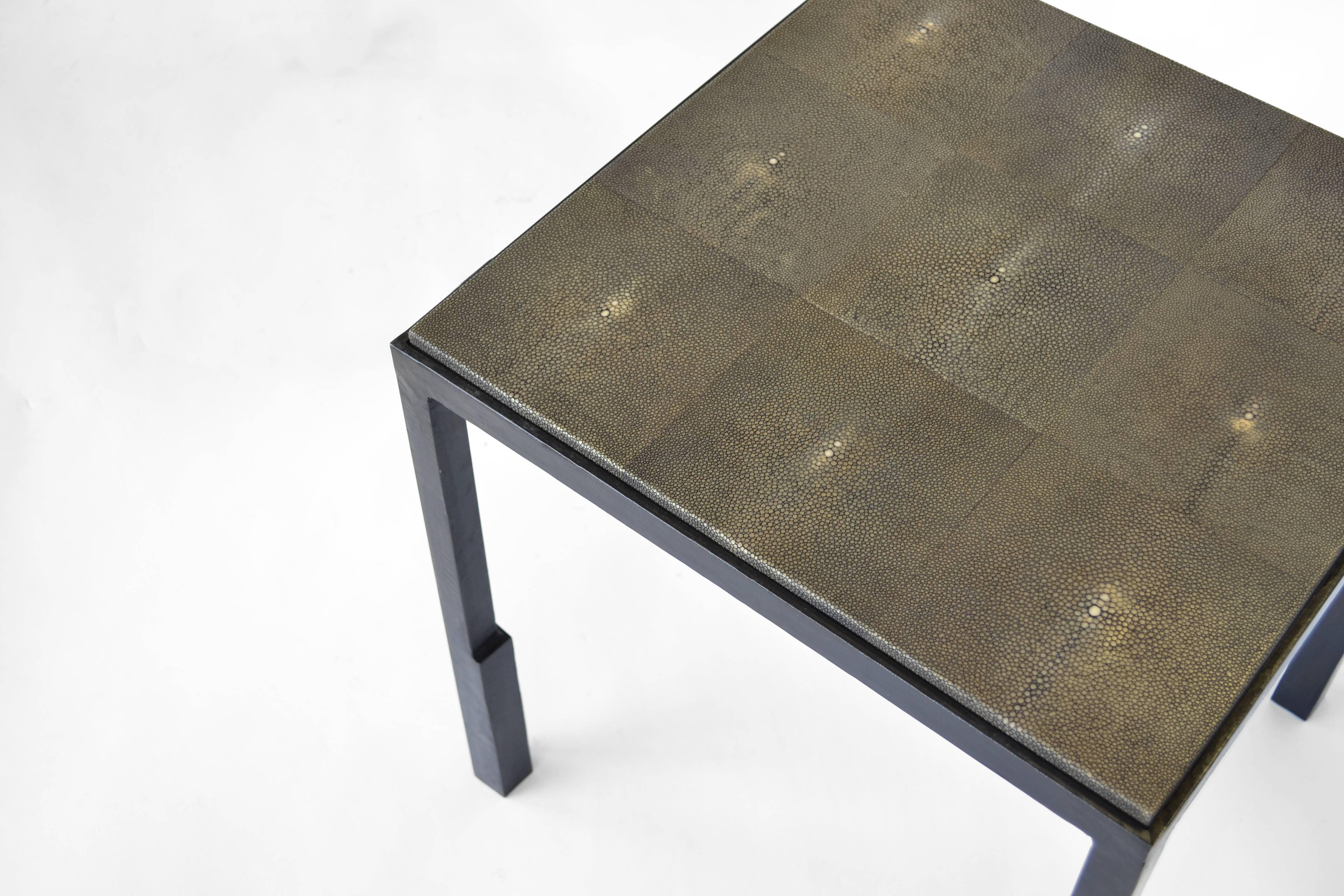 Hand-Carved Shagreen Side Table Pair Modern Geometric Stark Thick Handmade Blackened Steel